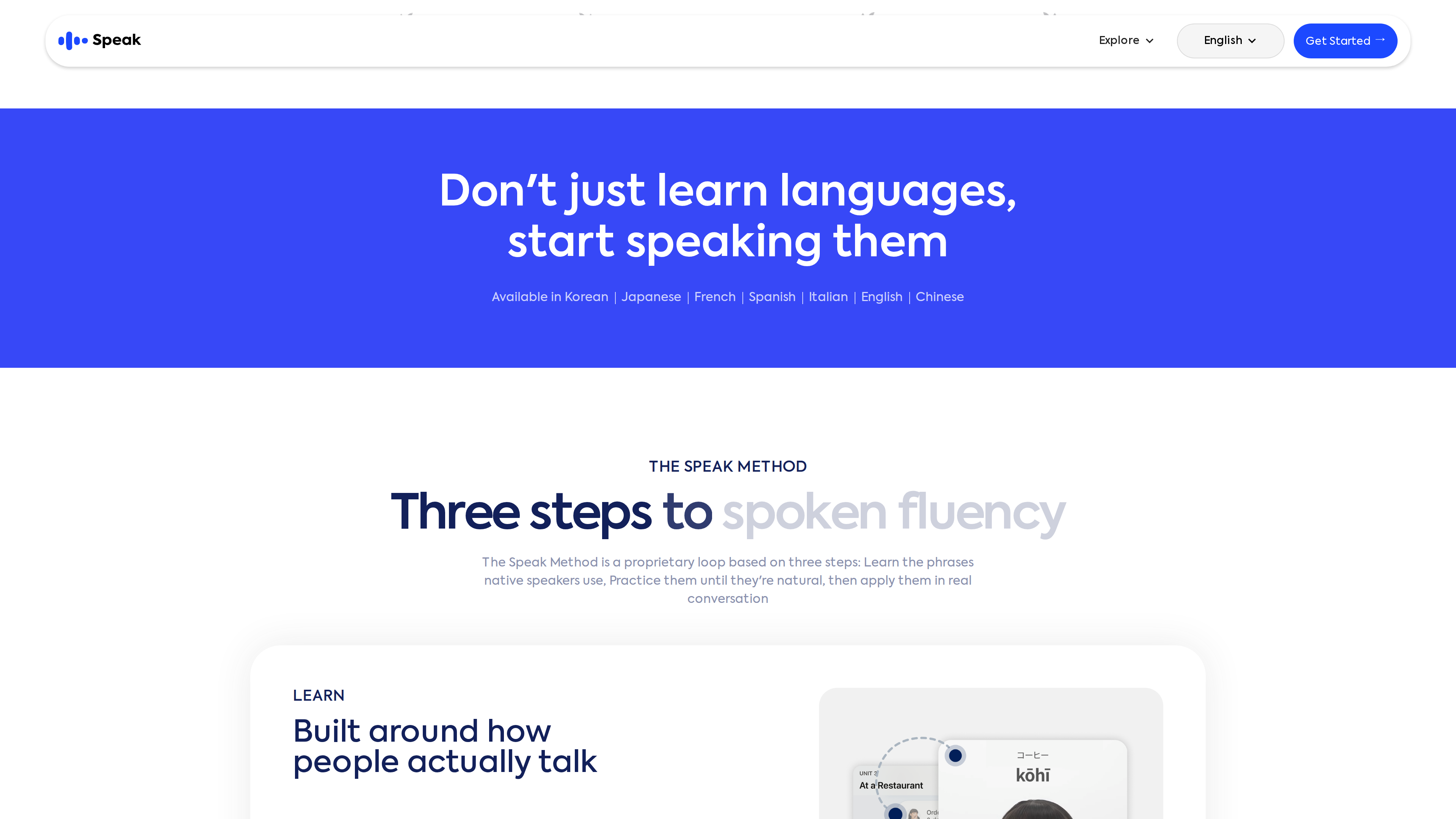 Speak's homepage explaining the three-step Speak Method