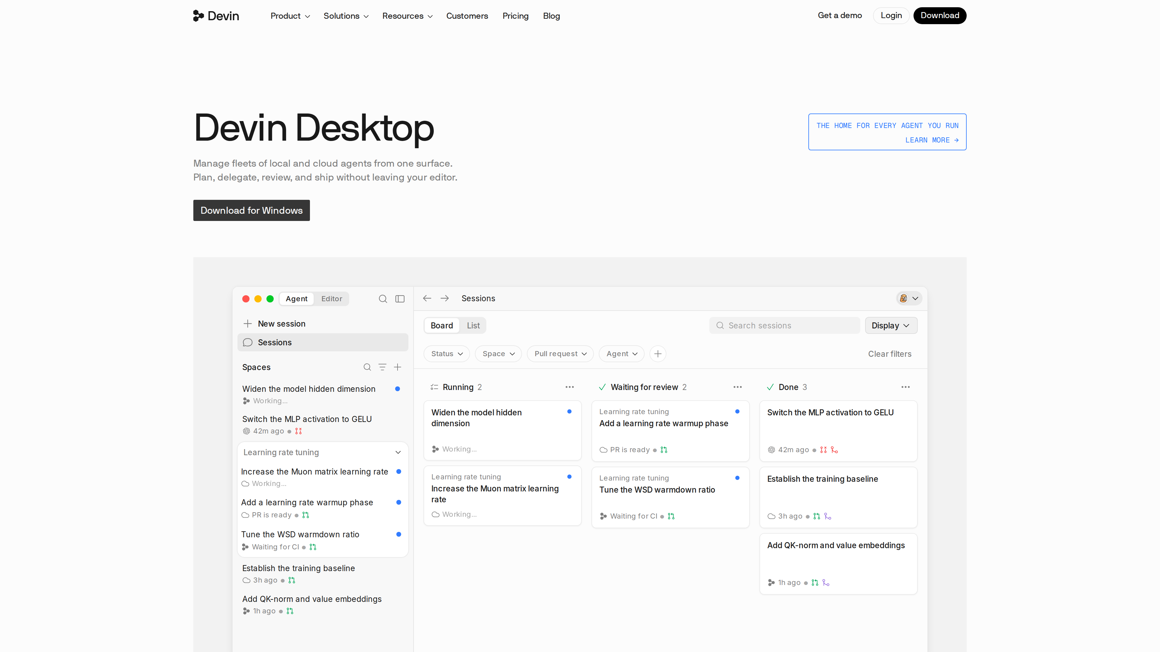 Screenshot of the Devin Desktop page: 'Manage fleets of local and cloud agents' above the Agent Command Center board