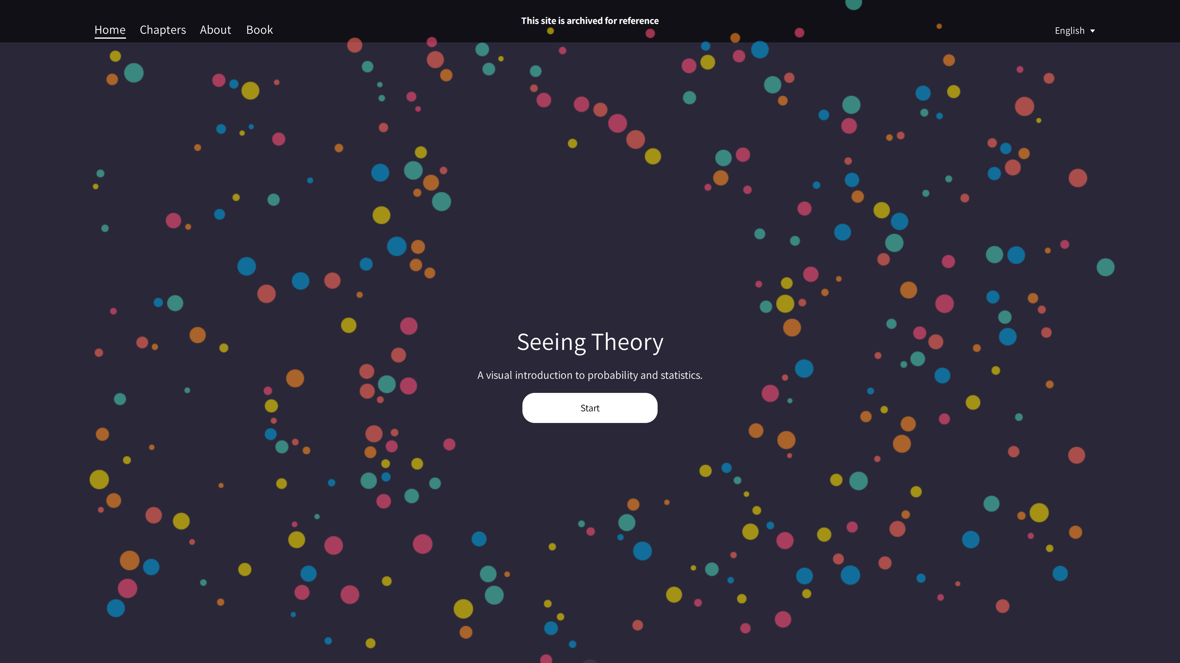 Screenshot of the Seeing Theory homepage: colorful dots drift across a dark background behind the site title and Start button; a top banner notes that the site is archived