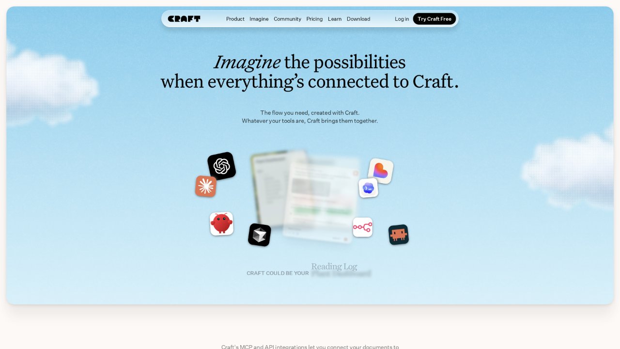 Screenshot of Craft's Imagine page: "Imagine the possibilities when everything's connected to Craft" surrounded by integration icons including Claude, ChatGPT and Lovable