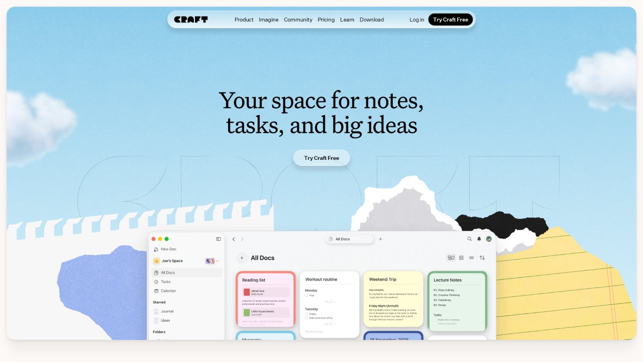 Craft homepage screenshot: hero "Your space for notes, tasks, and big ideas" above the Mac app showing document cards in All Docs and a sidebar with Tasks and Calendar