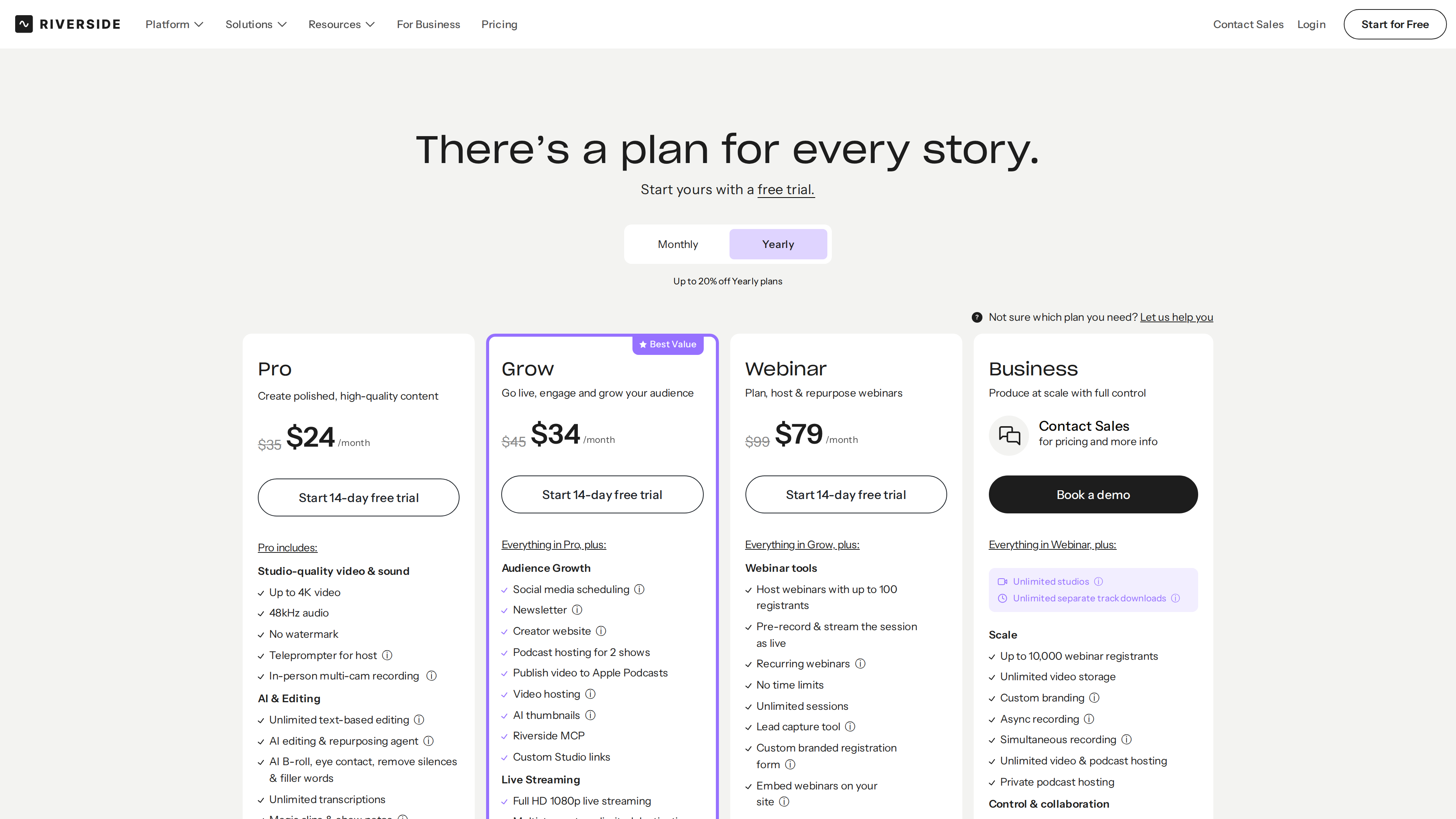 Riverside pricing page screenshot (yearly view): Pro at an effective $24/mo, Grow at $34/mo, Webinar at $79/mo alongside custom-priced Business, all with a 14-day trial
