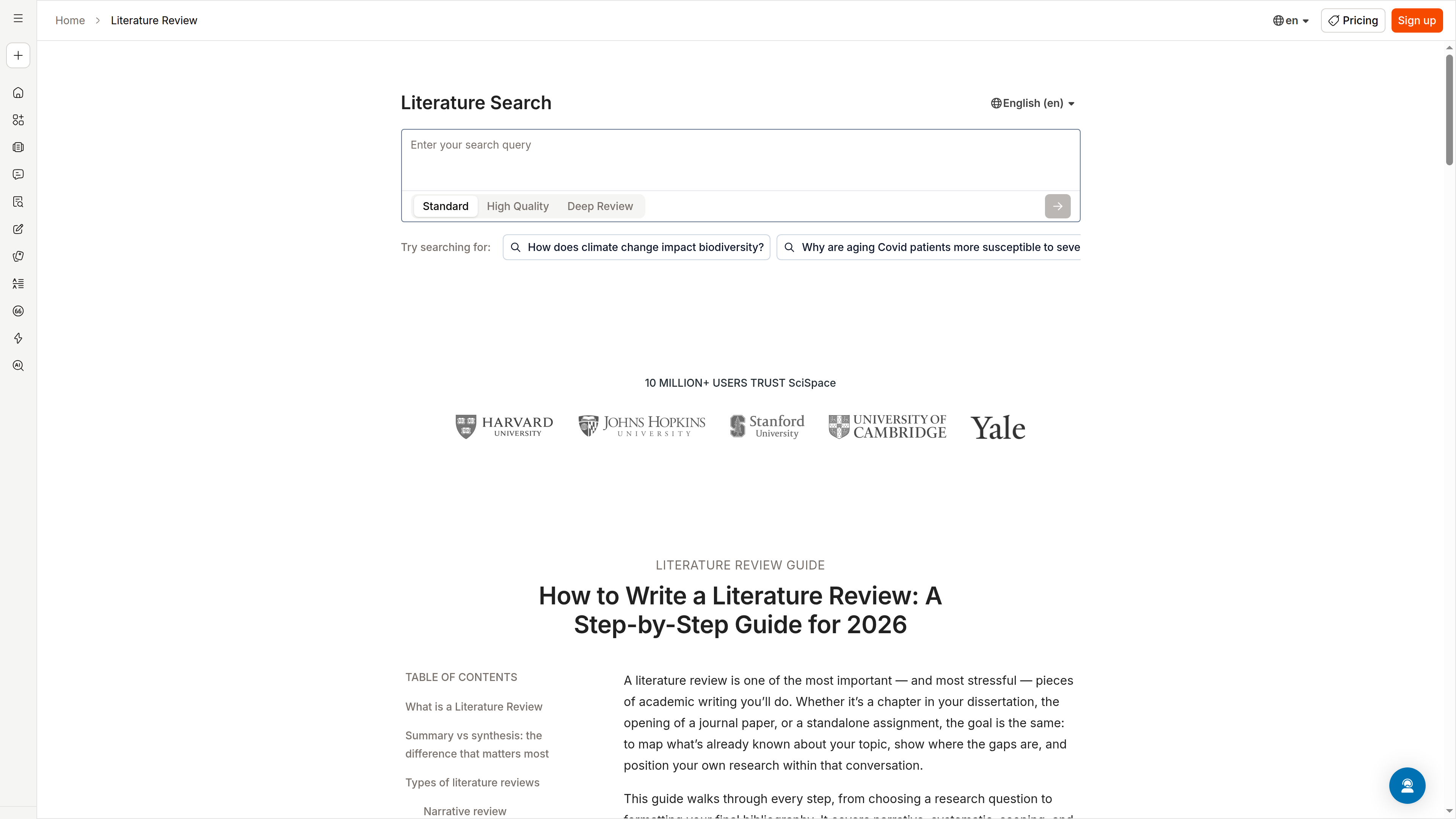 SciSpace Literature Review page screenshot: a Literature Search box with Standard, High Quality and Deep Review mode tabs, followed by a '10 MILLION+ USERS TRUST SciSpace' section showing logos of Harvard, Johns Hopkins, Stanford, Cambridge and Yale