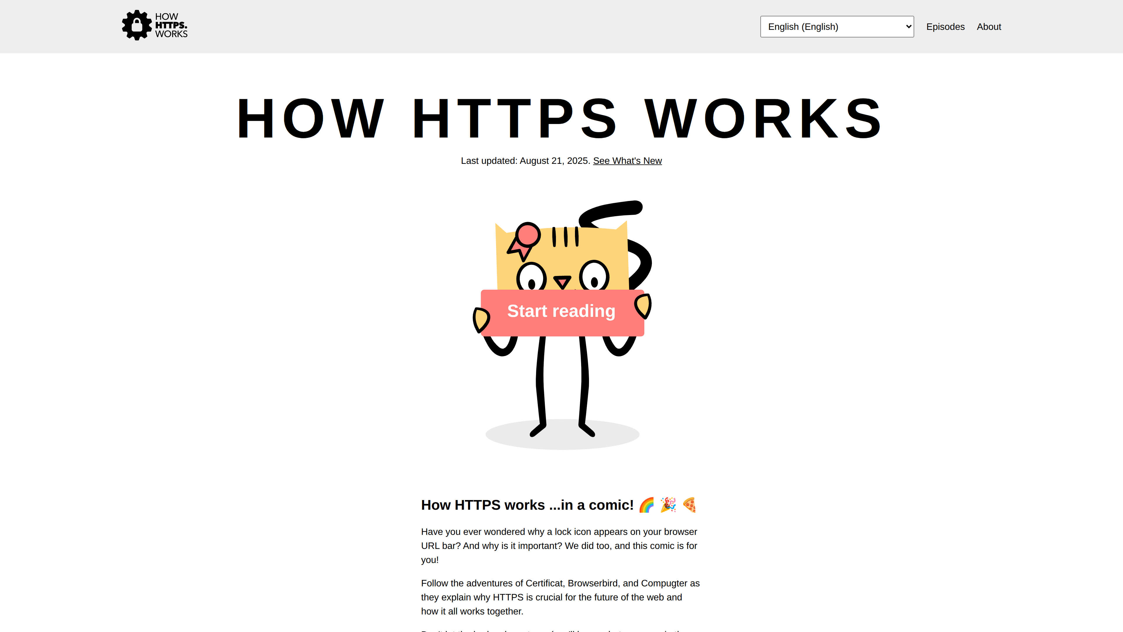 Screenshot of the How HTTPS Works homepage: below the large title, the cat character Certificat holds a Start reading sign; a language switcher sits in the top-right corner