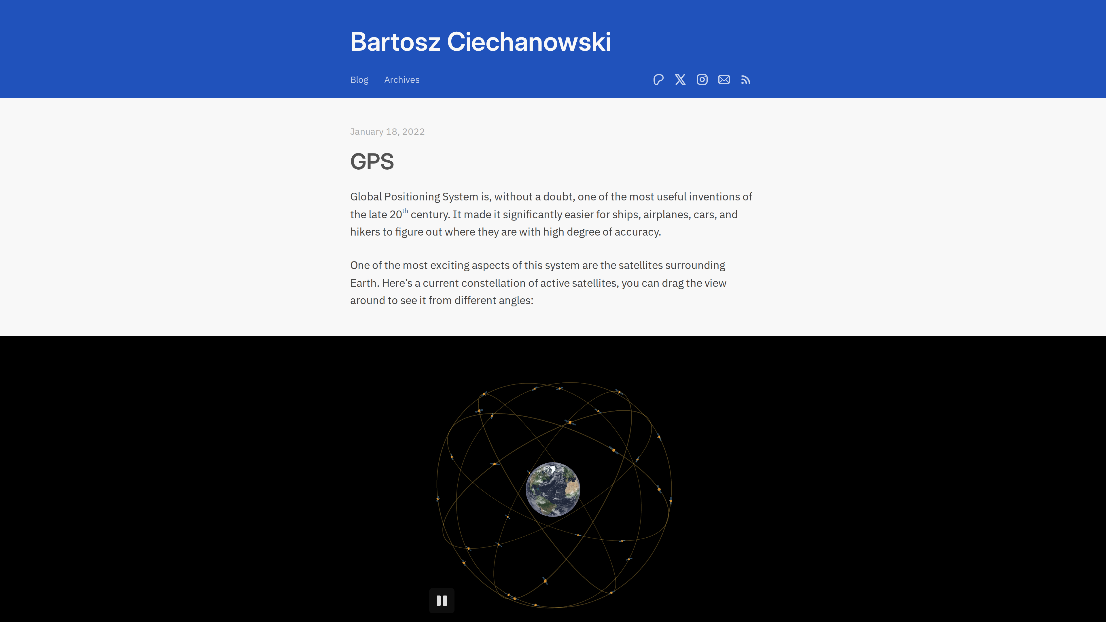 Screenshot of the GPS essay on ciechanow.ski: below the article text, a draggable simulation shows the current GPS satellite constellation orbiting Earth