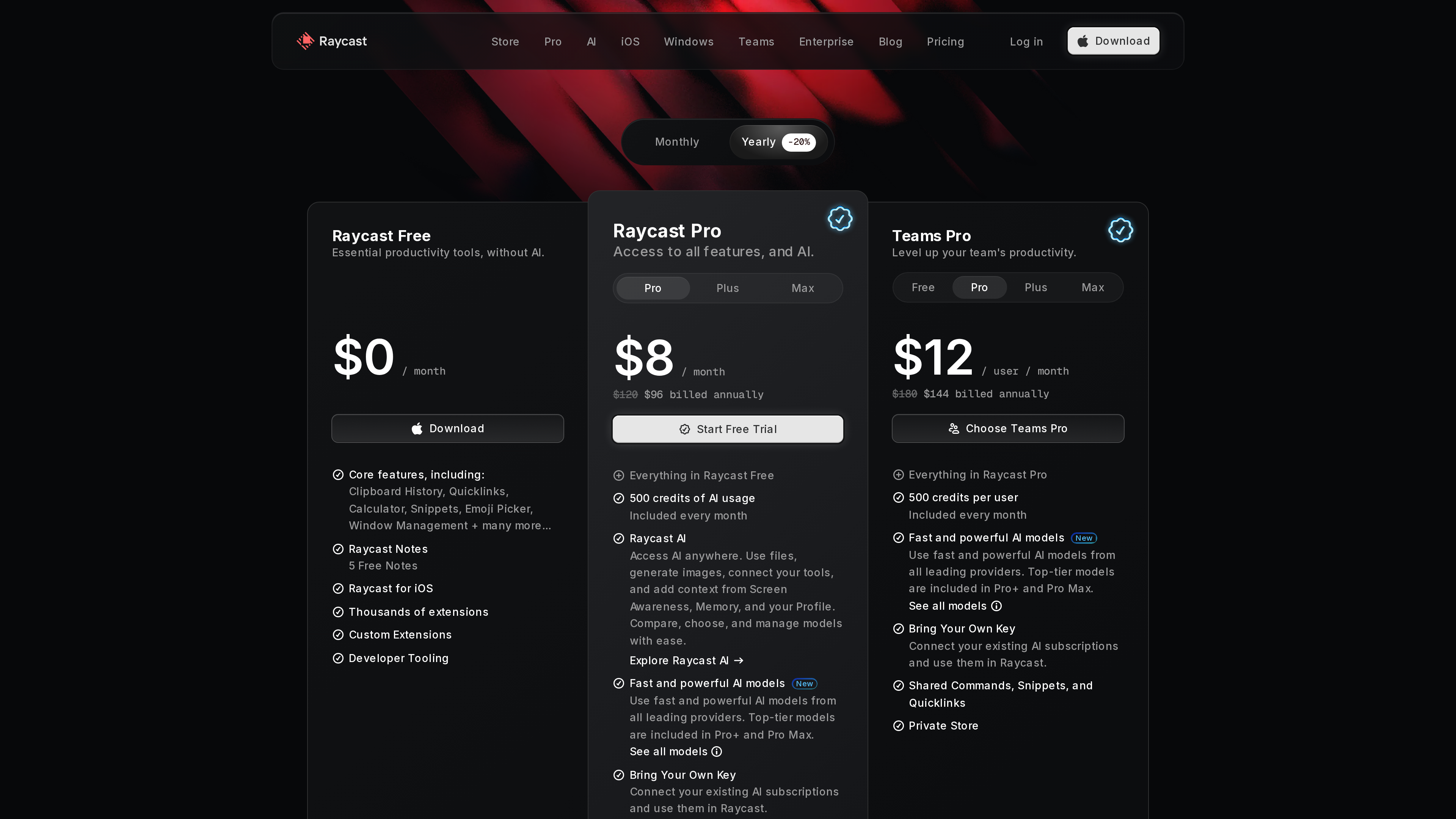 Screenshot of the Raycast pricing page in the annual view: Free at $0, Pro at an effective $8/month ($96/year), and Teams Pro at an effective $12/user/month side by side