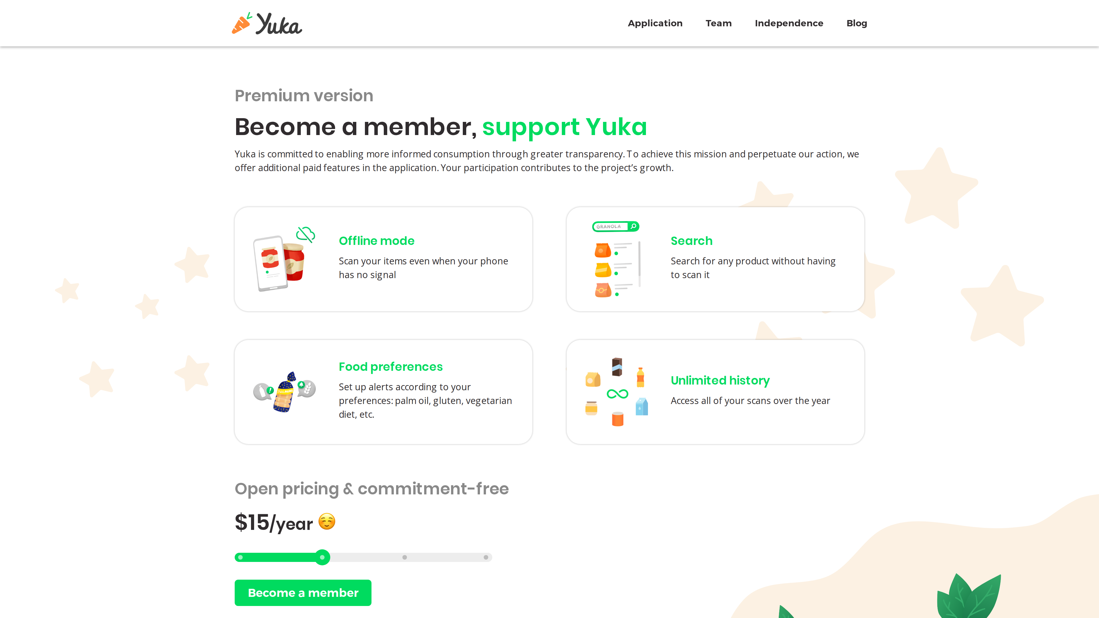 Screenshot of the Yuka Premium member page: "Become a member, support Yuka" listing Offline mode, Search, Food preferences and Unlimited history, with the "Open pricing & commitment-free" slider set to $15/year