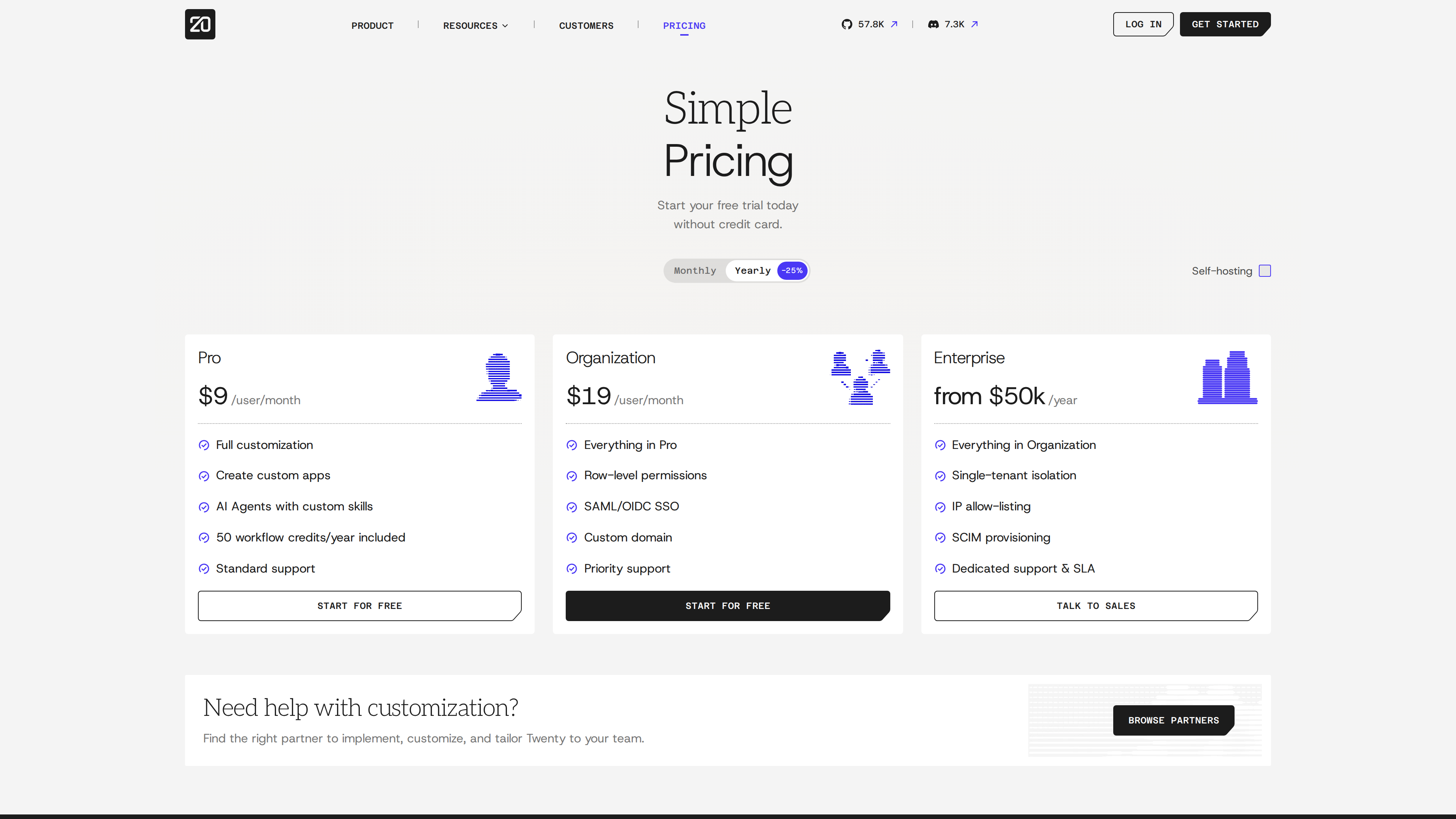 Screenshot of Twenty's pricing page (cloud, yearly billing): Pro at $9 per user per month, Organization at $19, Enterprise from $50k per year
