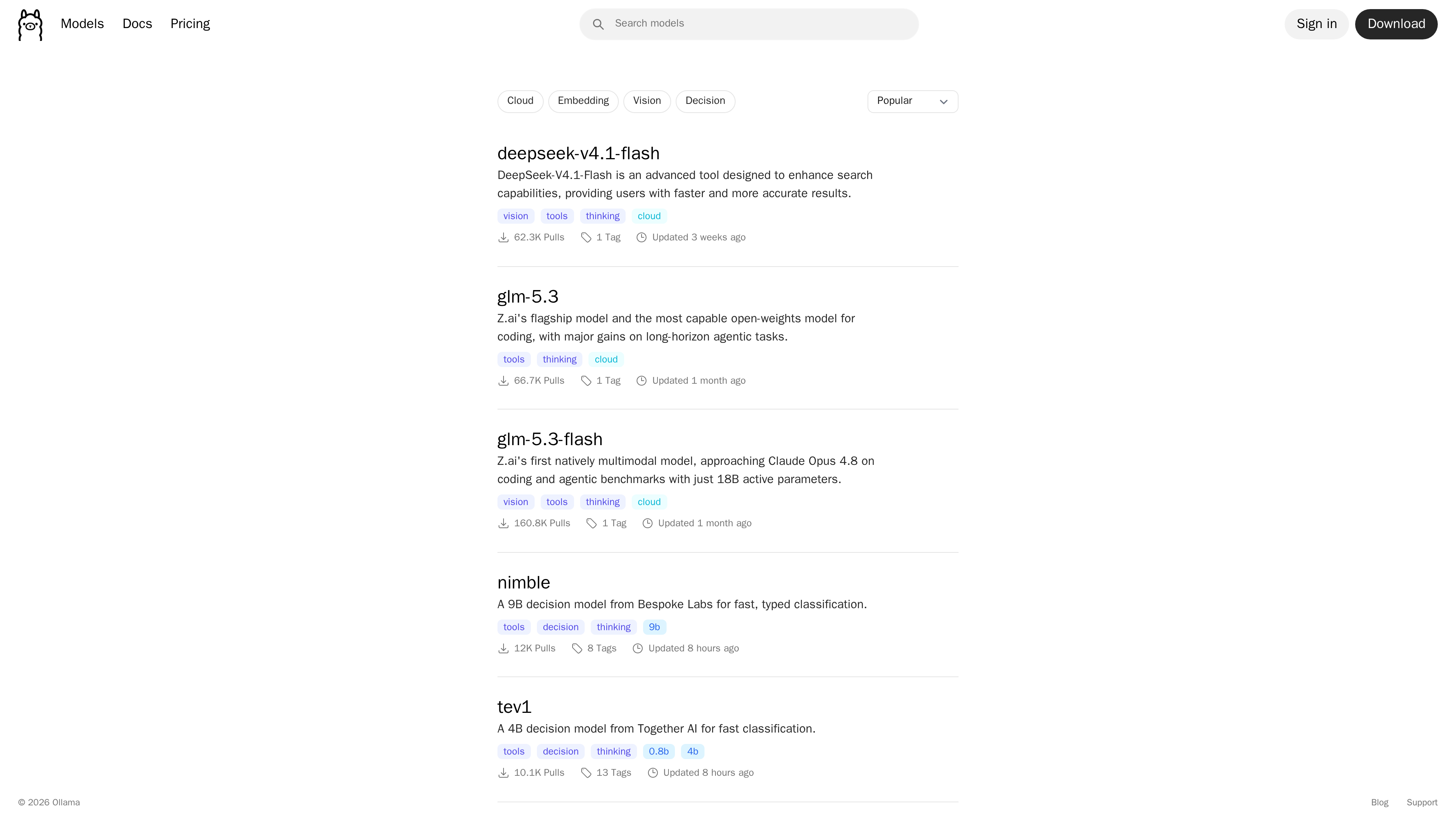 The Ollama model library, filterable by capability and popularity