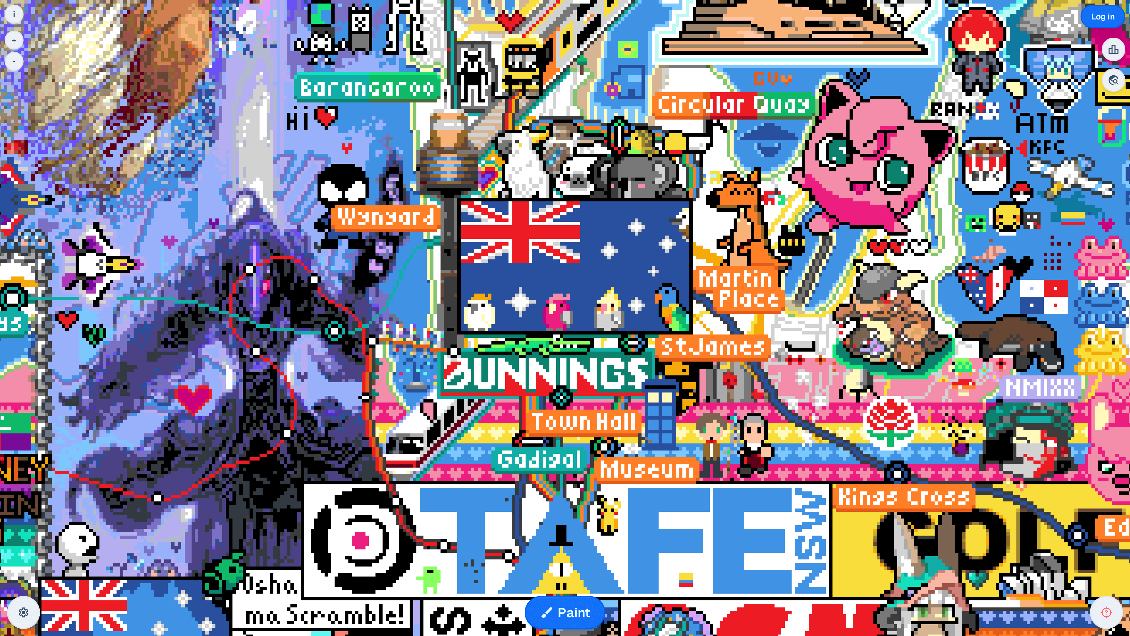 Screenshot of the Wplace canvas over central Sydney: dense pixel art, place labels and flags