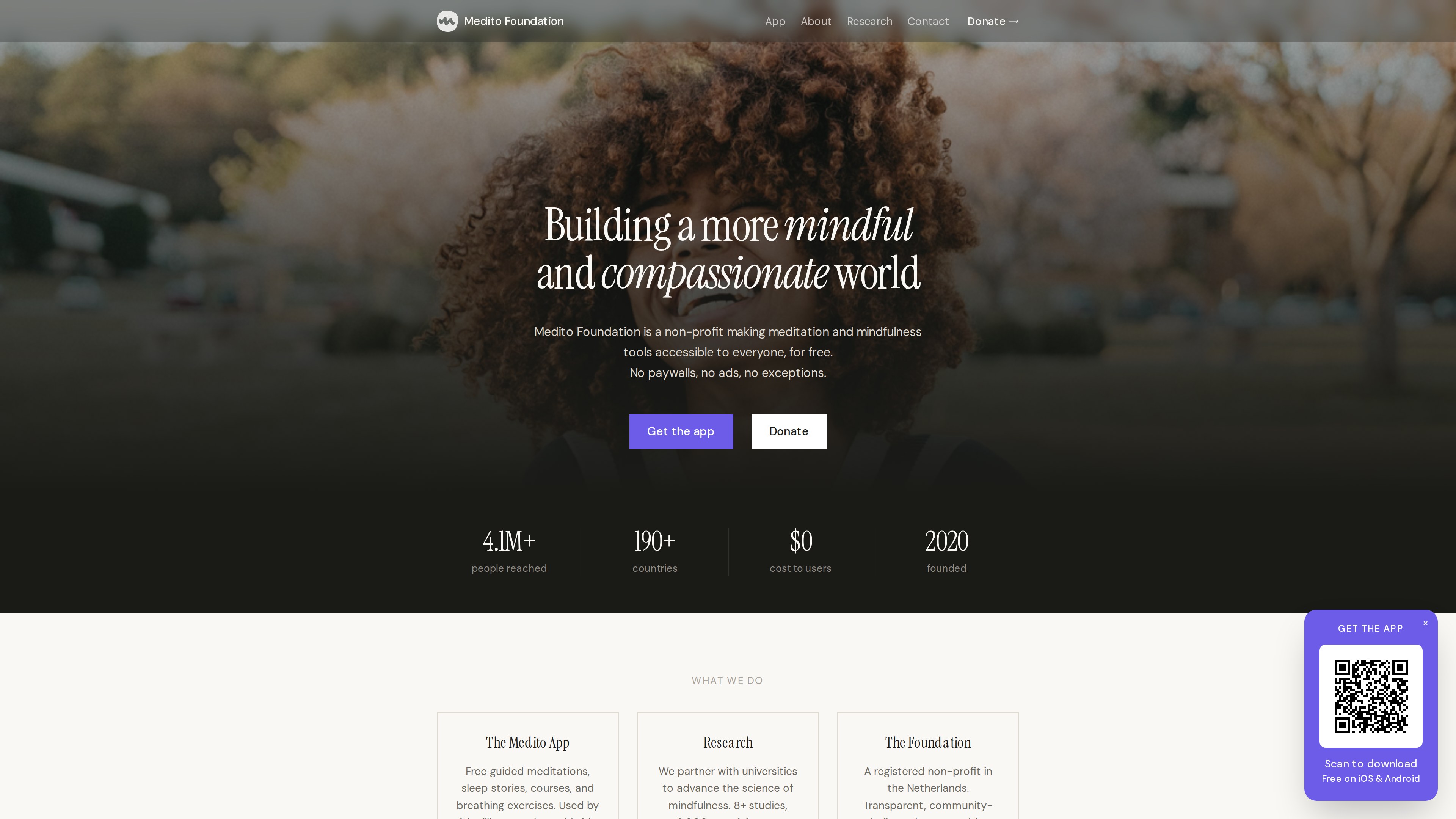 Screenshot of the Medito Foundation homepage: the headline "Building a more mindful and compassionate world" above a stats bar showing 4.1M+ people reached, 190+ countries, $0 cost to users and founded 2020