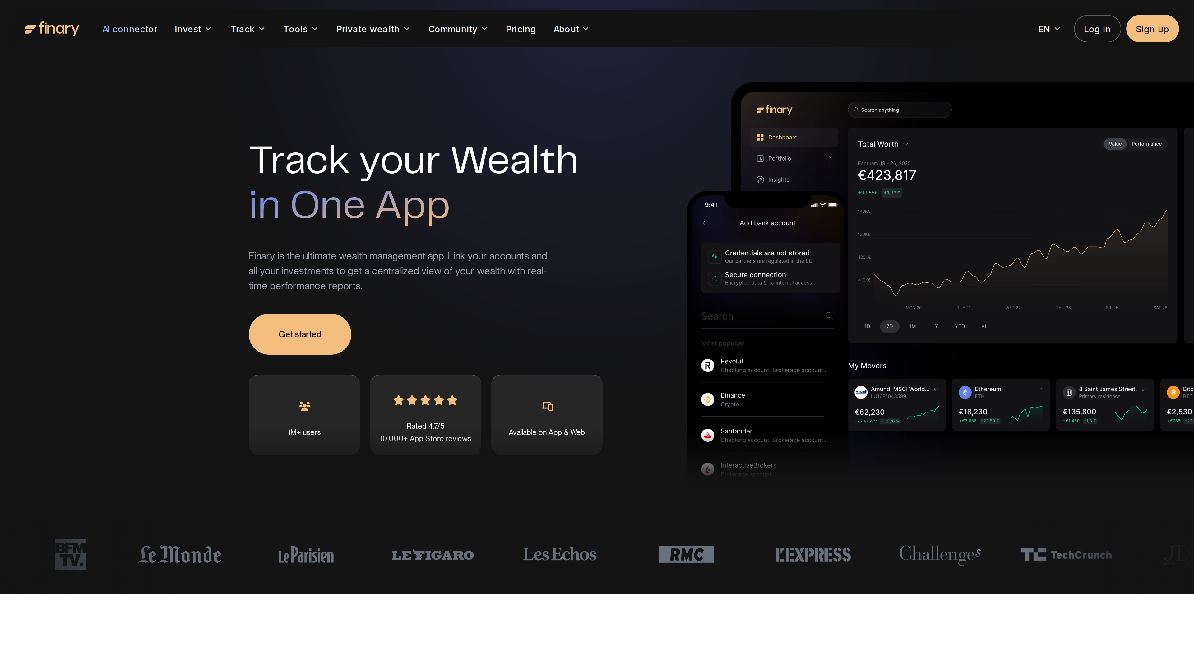 Finary 资产追踪页截图:英文"Track your Wealth in One App"标语,右侧演示连接 Revolut、Binance、Santander 等账户与包含 ETF、以太坊、房产、比特币的组合视图