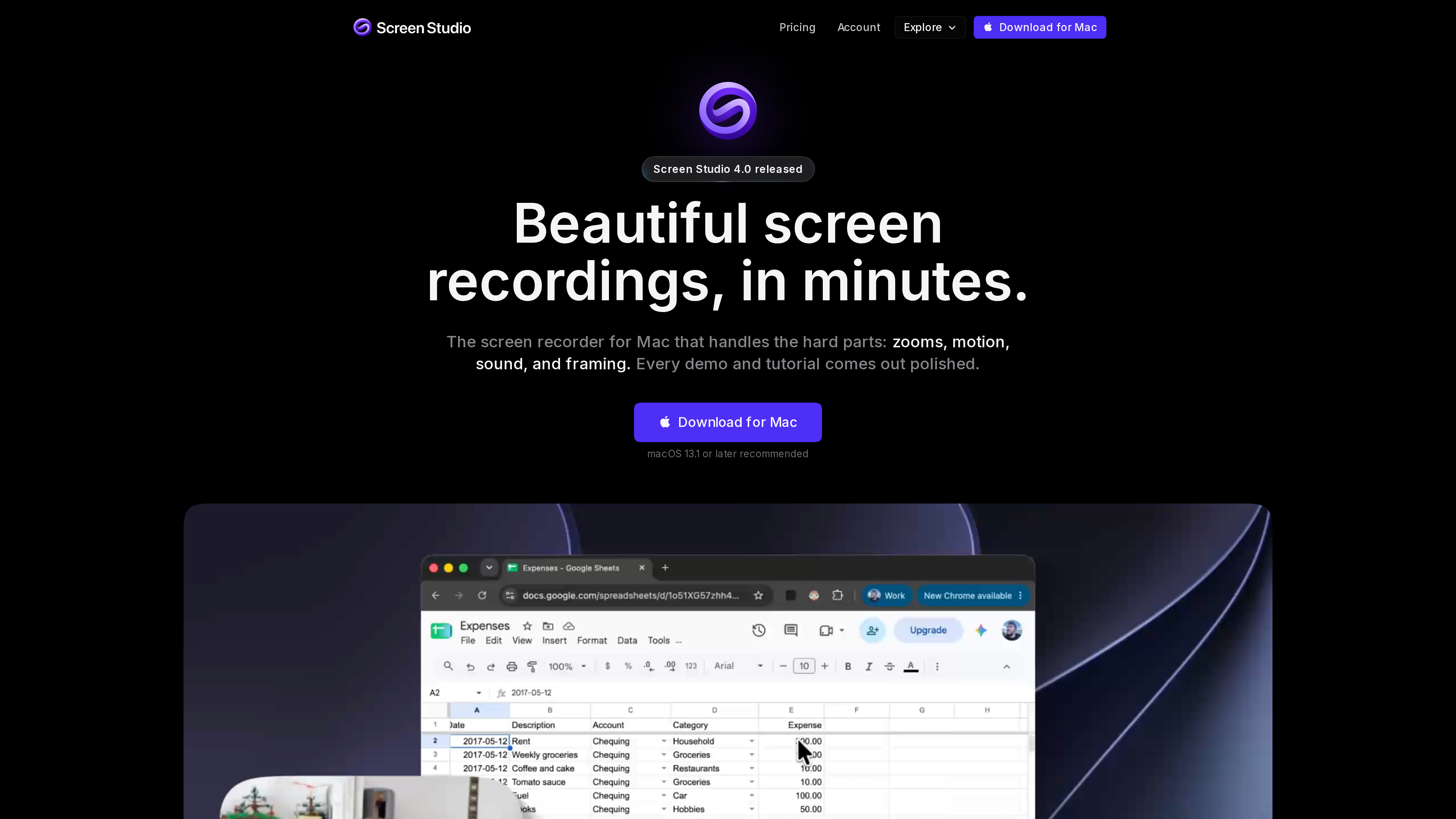 Screenshot of the Screen Studio homepage: the headline "Beautiful screen recordings, in minutes" above a demo video produced with the app