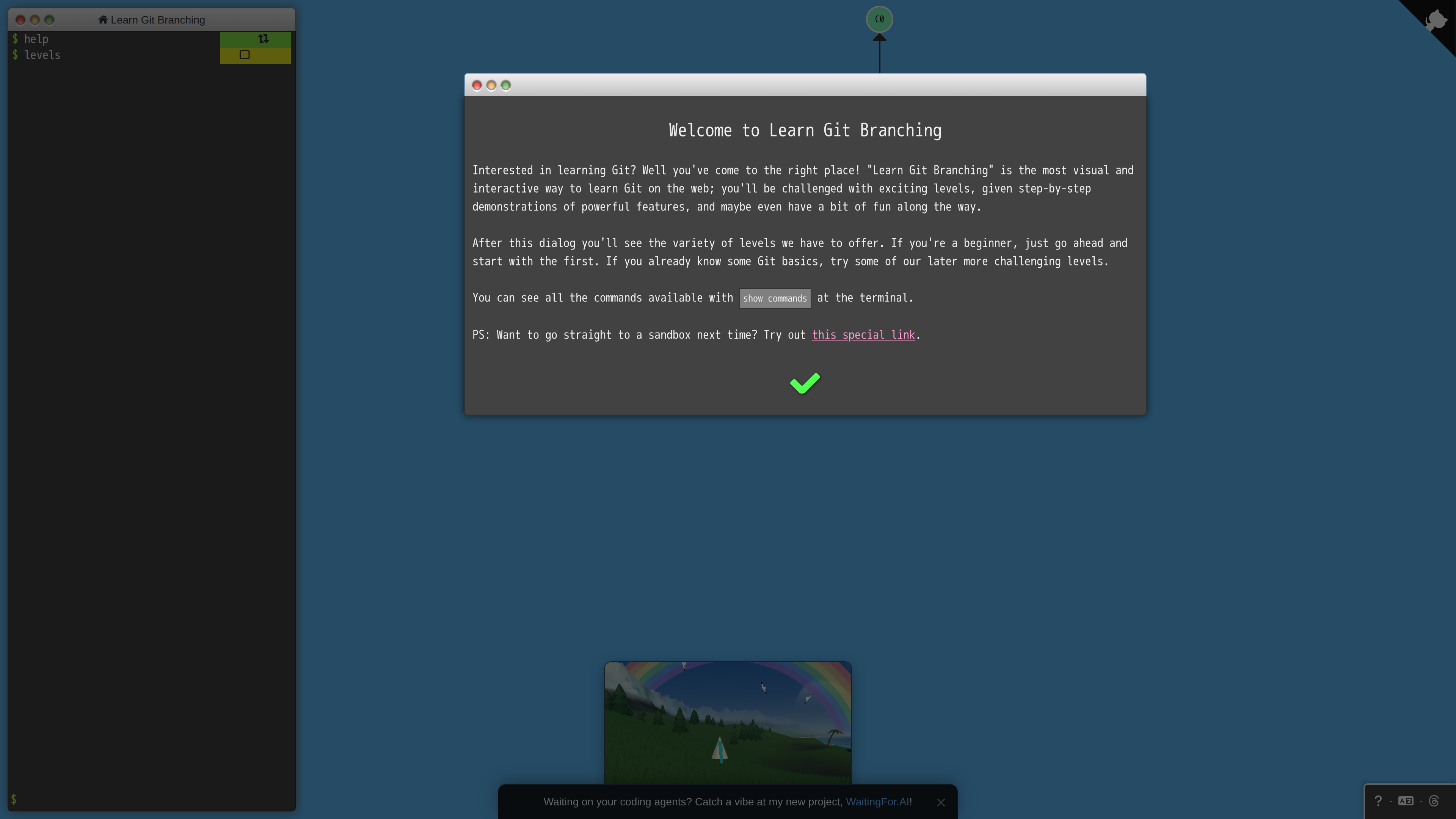 Screenshot of the Learn Git Branching welcome dialog introducing it as the most visual way to learn Git on the web, with the commit tree and terminal behind it