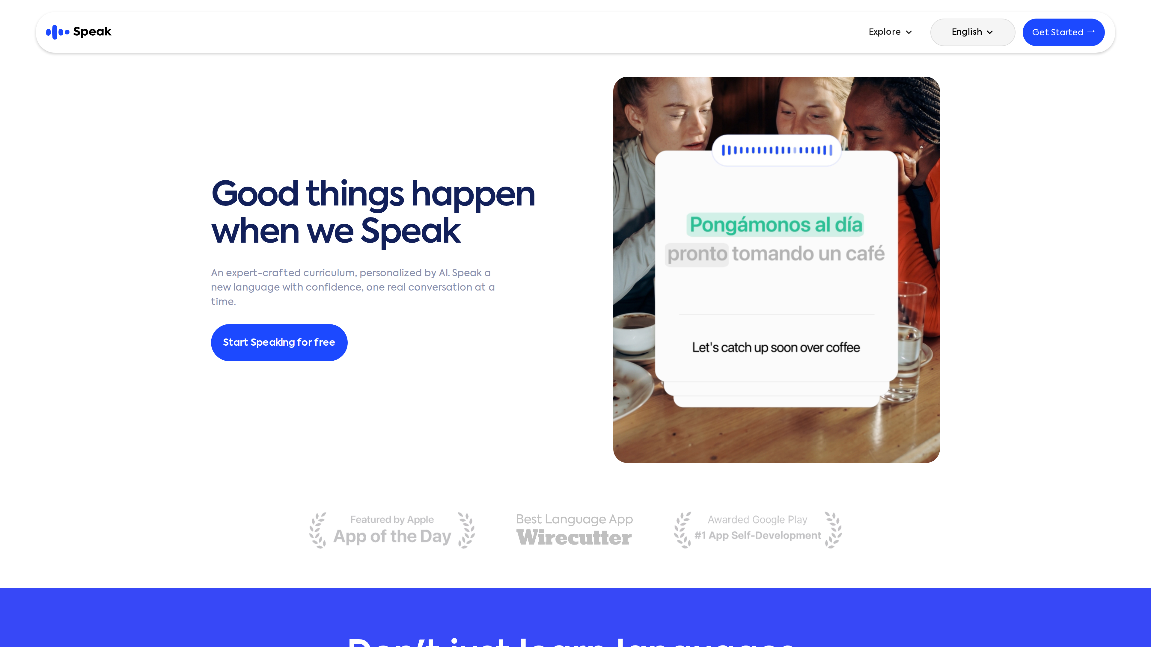 Speak homepage: AI conversation practice and course positioning