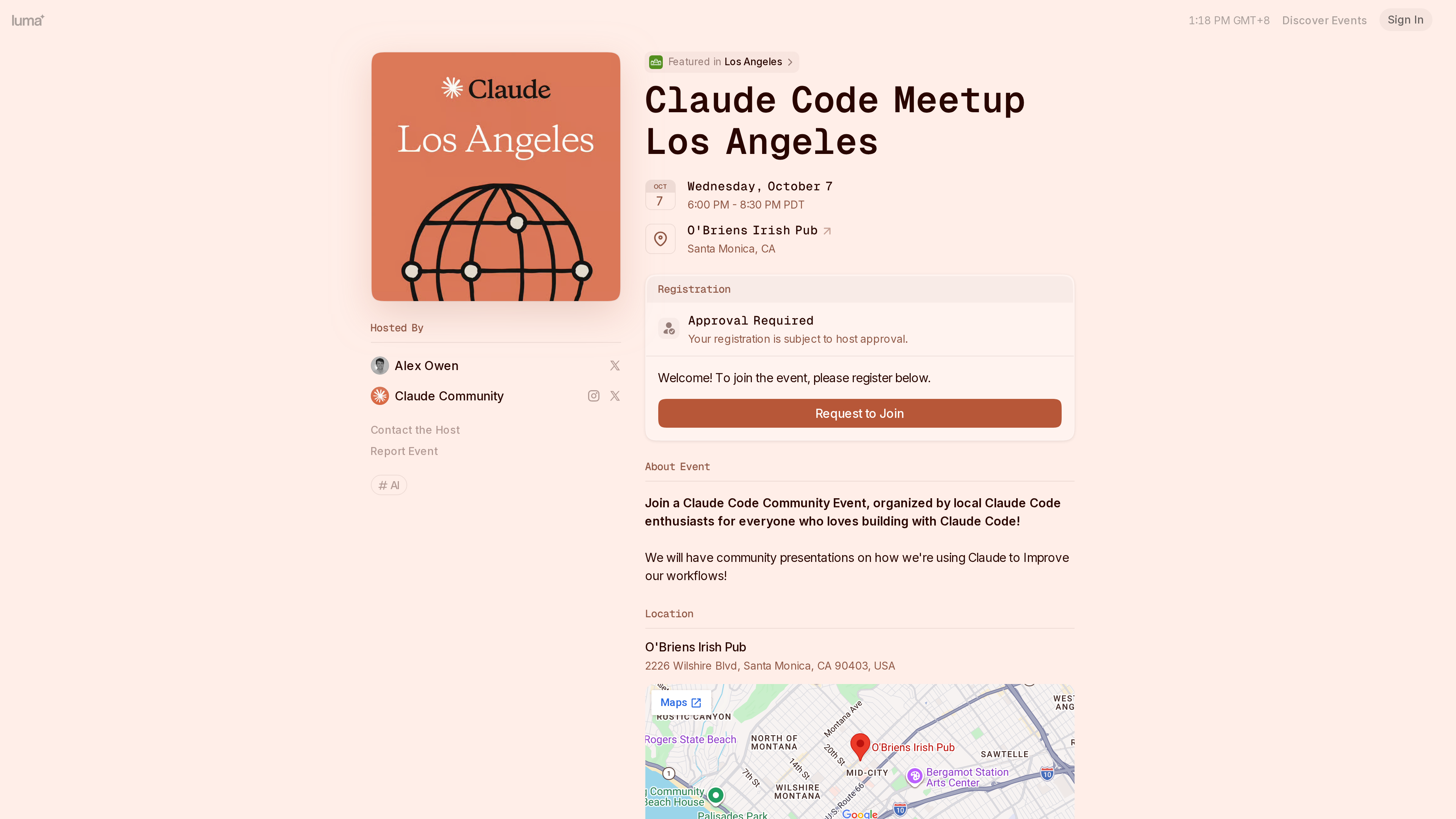 Screenshot of a public Luma event page for Claude Code Meetup Los Angeles, showing the cover, date and venue, an approval-based registration panel, the event description and a map