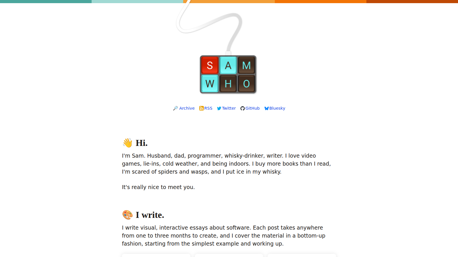Screenshot of the Sam Who homepage: the SAM WHO logo spelled in keyboard keycaps, followed by the author's introduction and writing approach