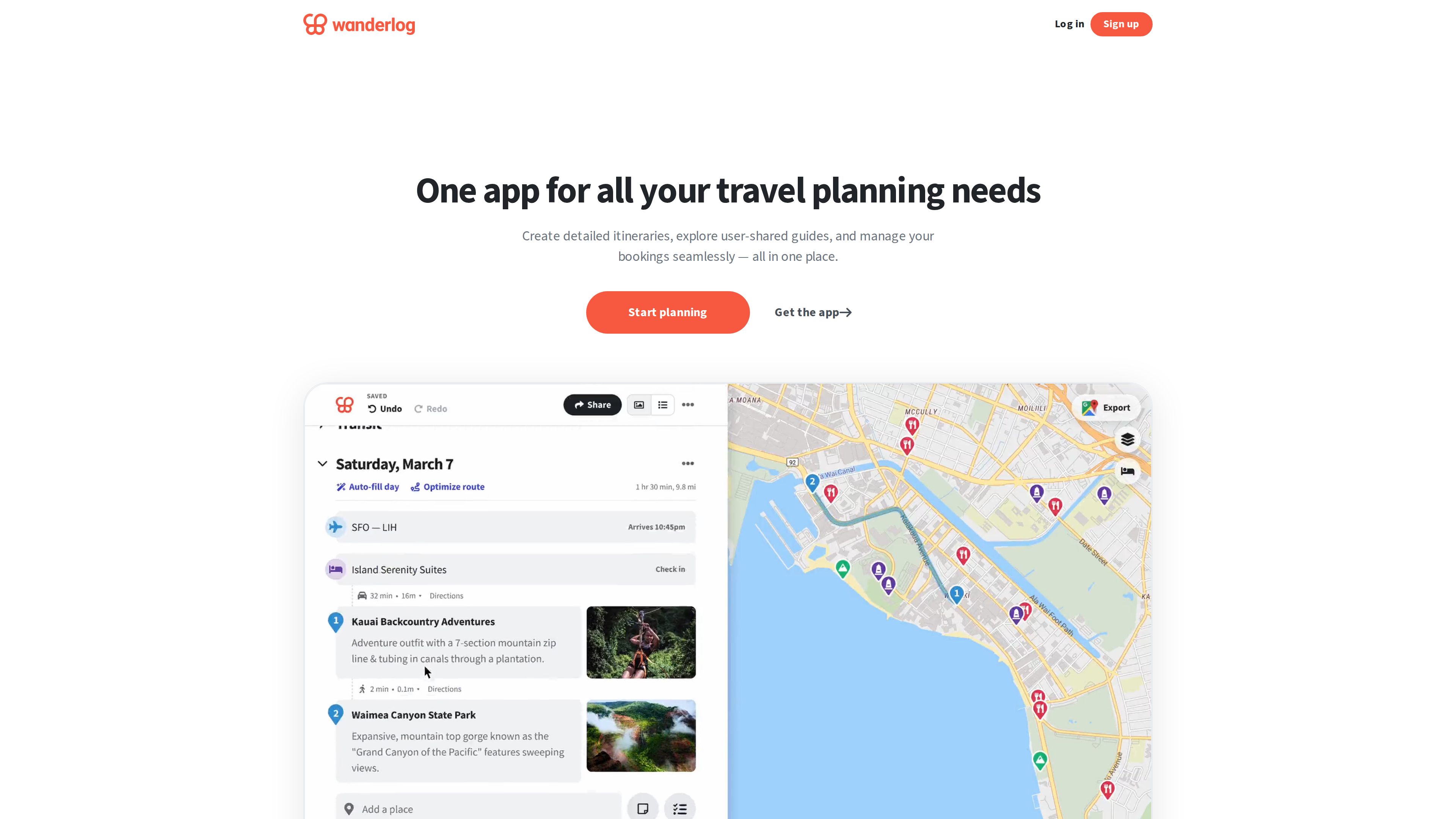 Screenshot of the Wanderlog homepage: "One app for all your travel planning needs" with a day-by-day itinerary beside a Kauai map of stops and routes