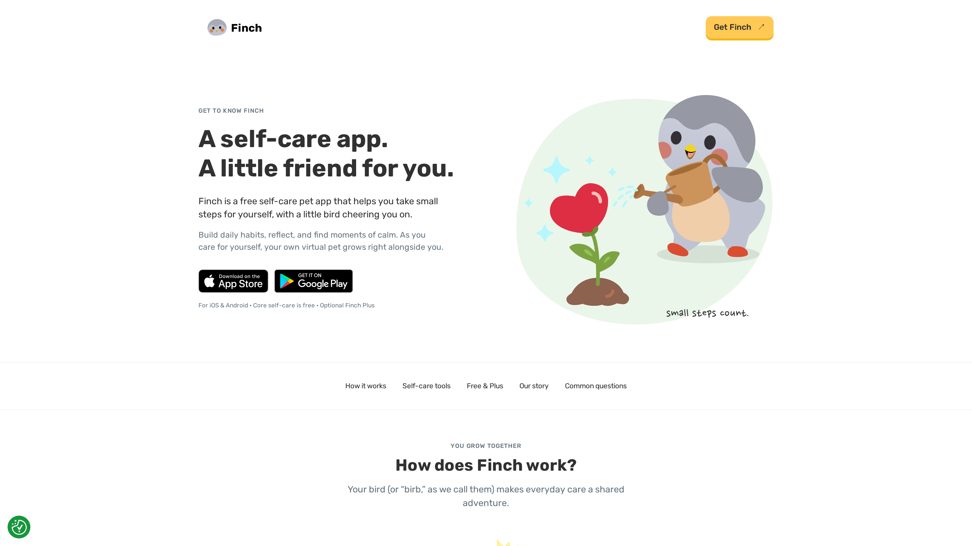 Screenshot of the Finch about page: "A self-care app. A little friend for you." with the bird watering a heart-shaped flower labeled "small steps count.", noting free core self-care and optional Finch