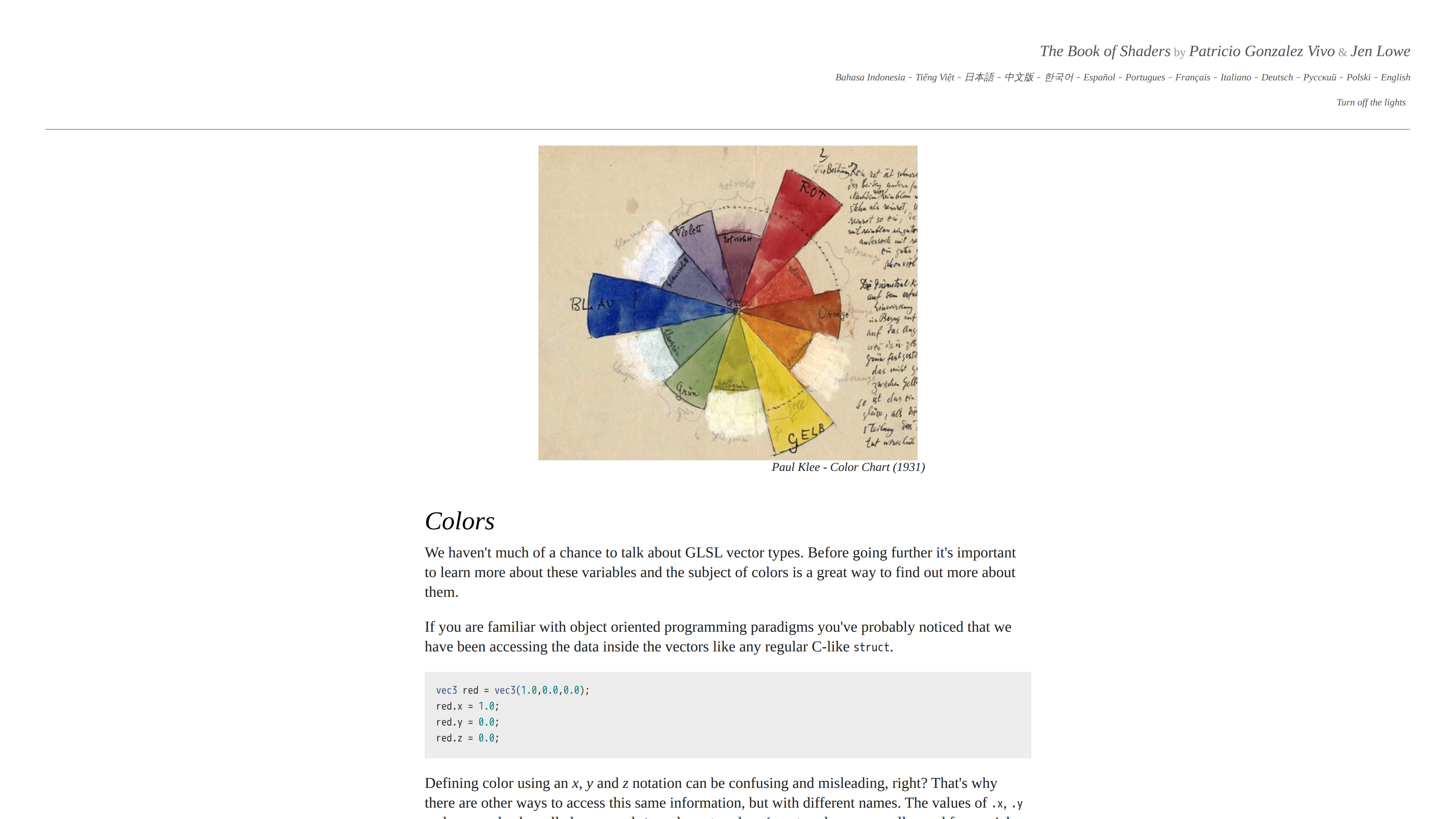 Screenshot of The Book of Shaders Colors chapter: the page header lists 14 language options, the text is illustrated with Paul Klee's color-wheel manuscript, followed by a GLSL code example