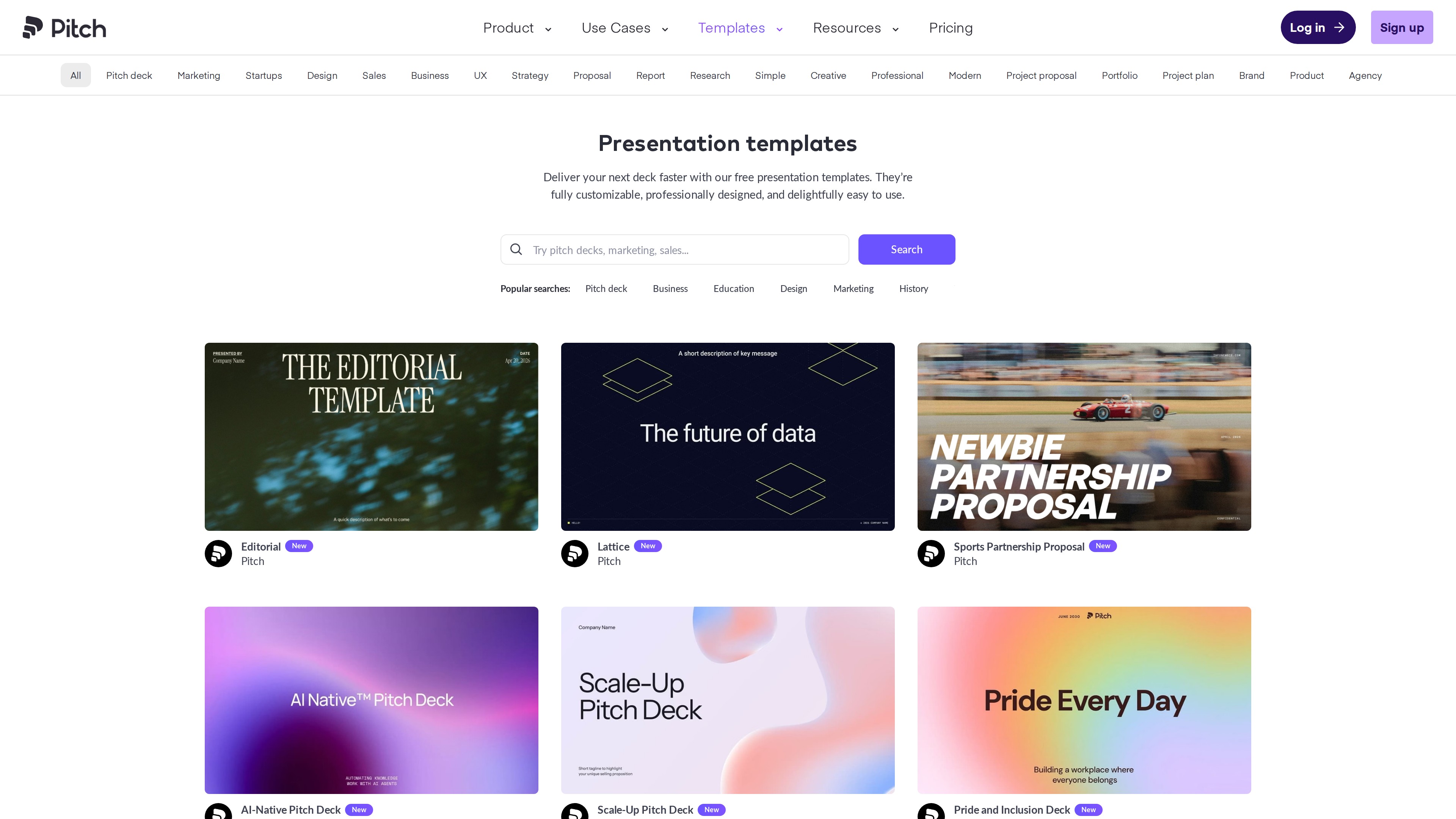 Screenshot of the Pitch template gallery: category tabs (Pitch deck, Marketing, Startups, Design, Sales, ...) above template cards such as Editorial, Lattice and Sports Partnership Proposal