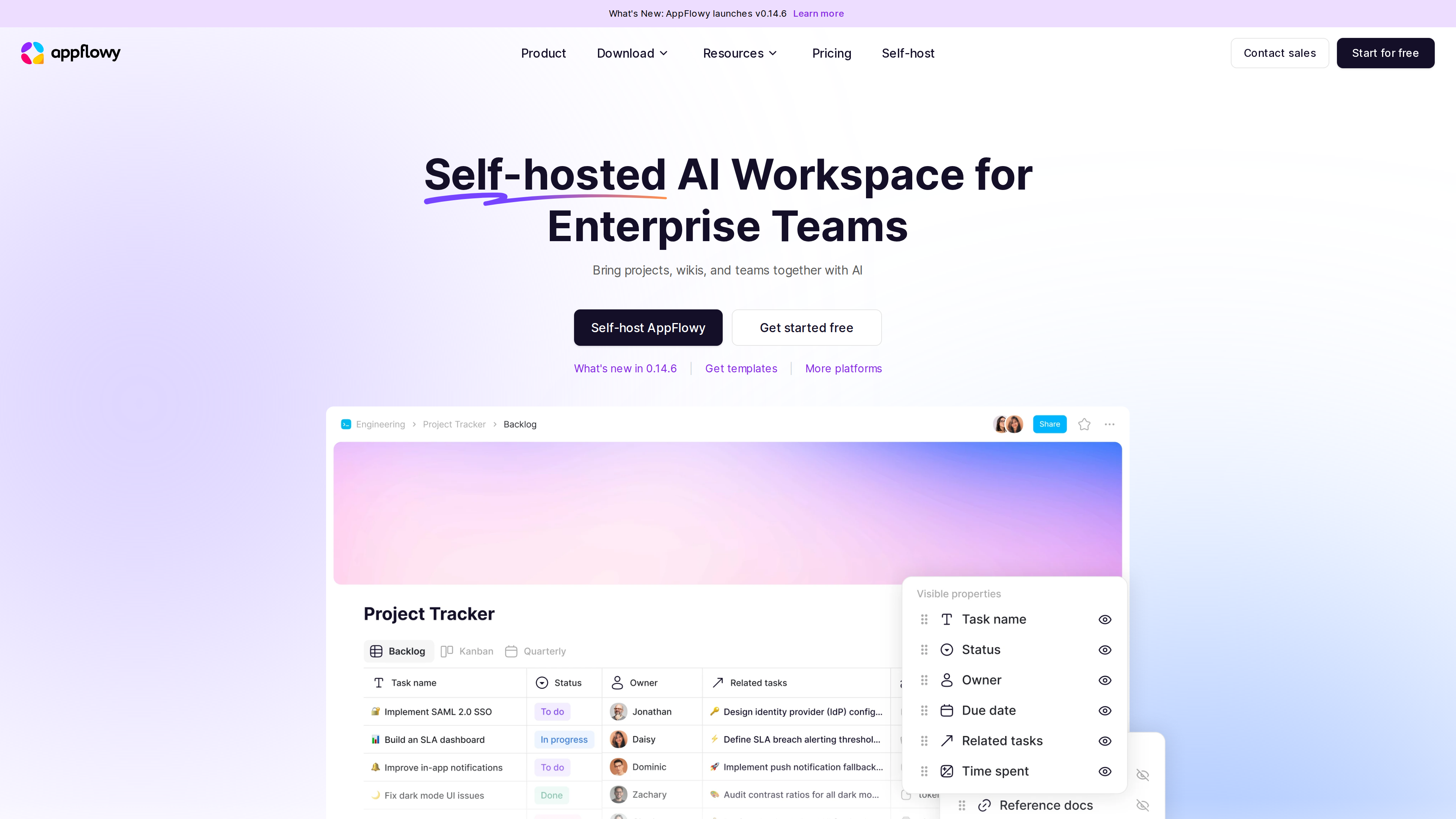 Screenshot of AppFlowy's homepage: the hero headline "Self-hosted AI Workspace for Enterprise Teams" above a preview of the app's Project Tracker database