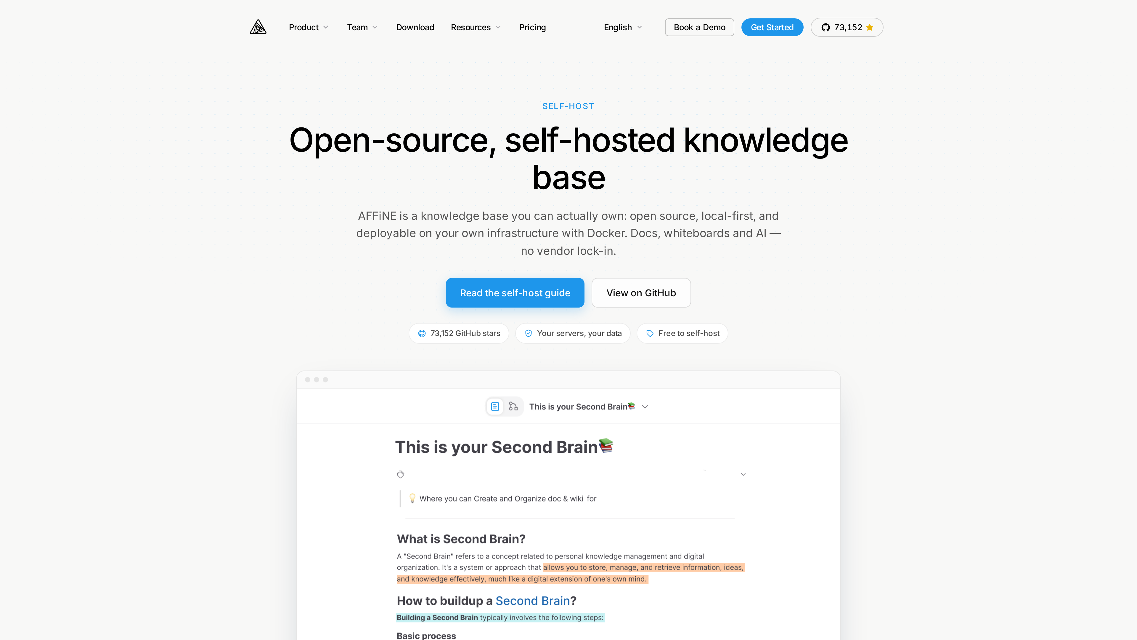 Screenshot of the AFFiNE self-host page: headline "Open-source, self-hosted knowledge base" with badges reading "Your servers, your data" and "Free to self-host," above a preview of the app interface