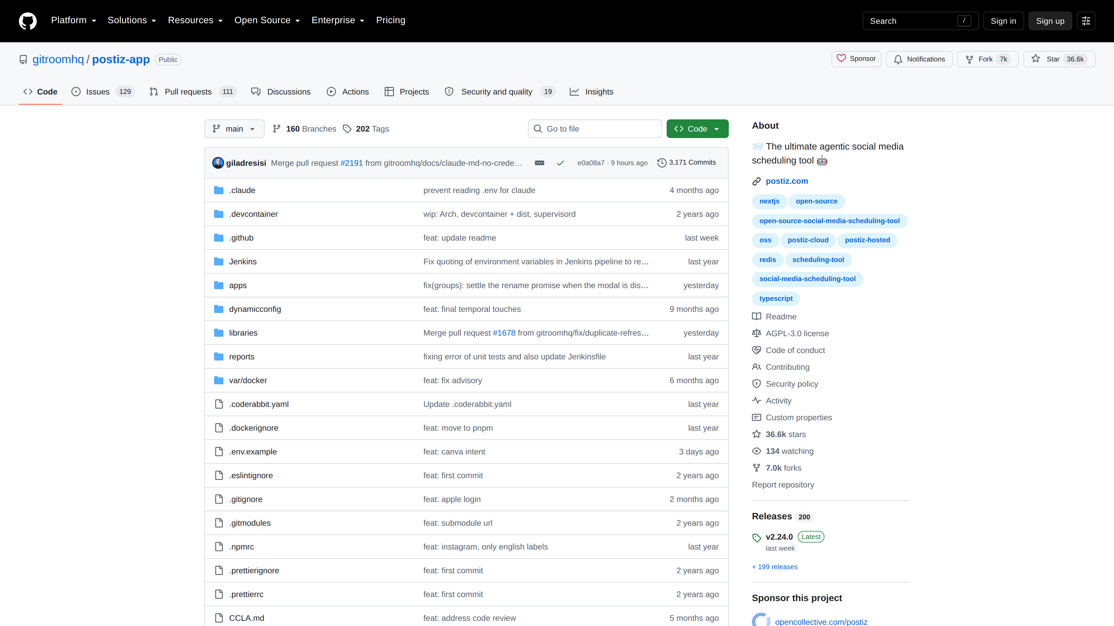 Screenshot of the Postiz GitHub repository: gitroomhq/postiz-app showing the AGPL-3.0 license, ~36.6k stars, and the latest release v2.24.0