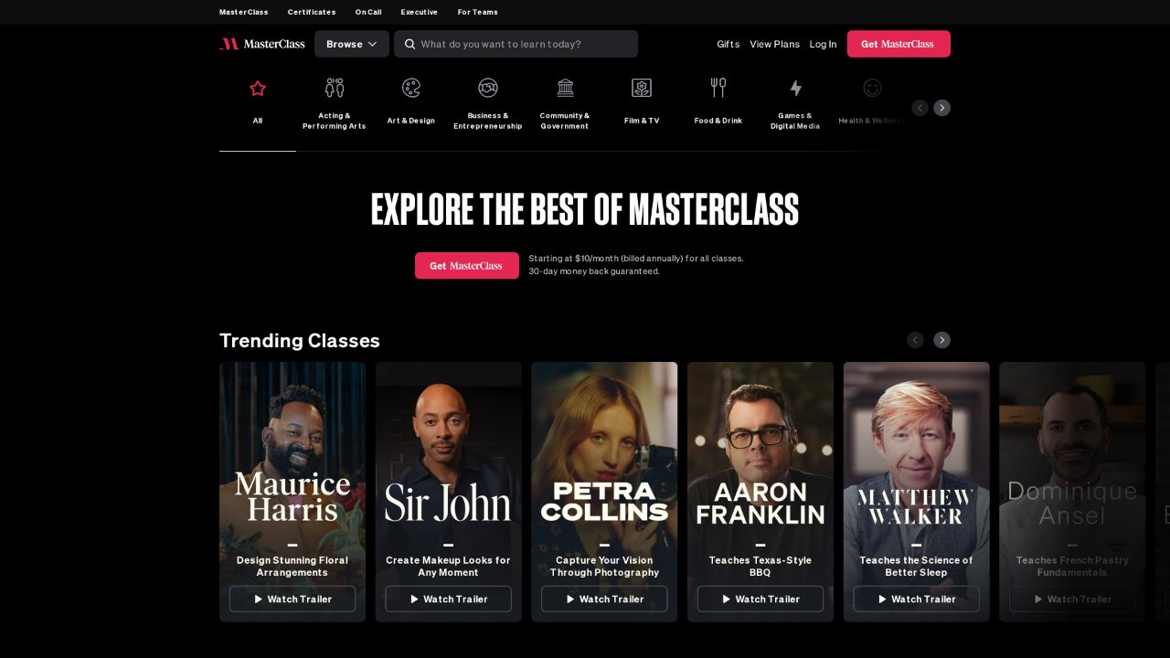 Screenshot of the MasterClass category page
