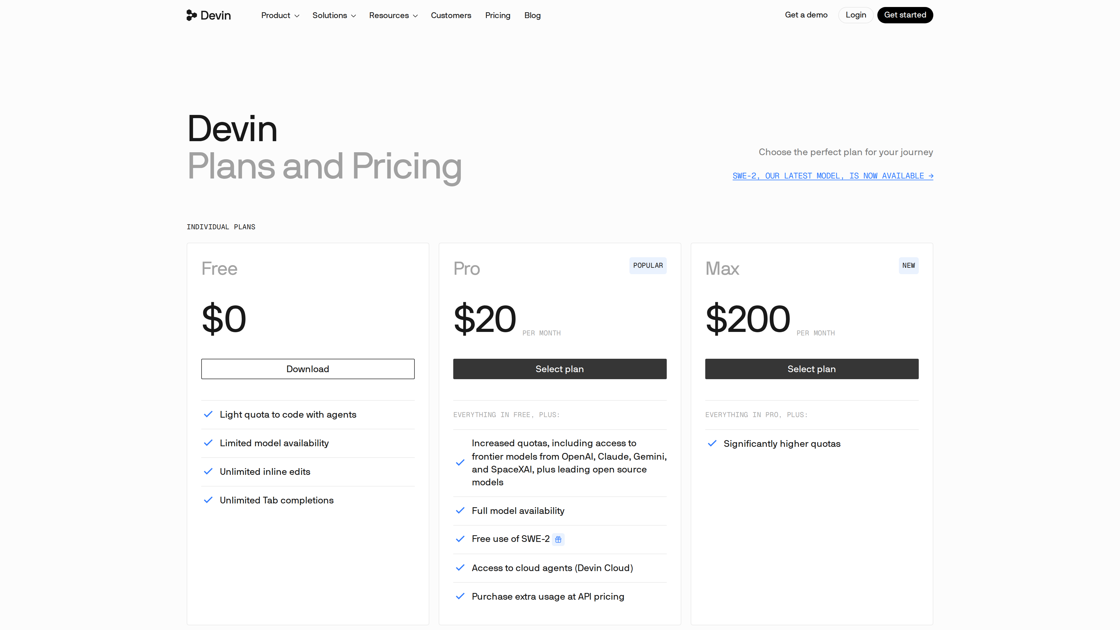 Screenshot of the Devin pricing page: Free, Pro, Max and Teams tiers