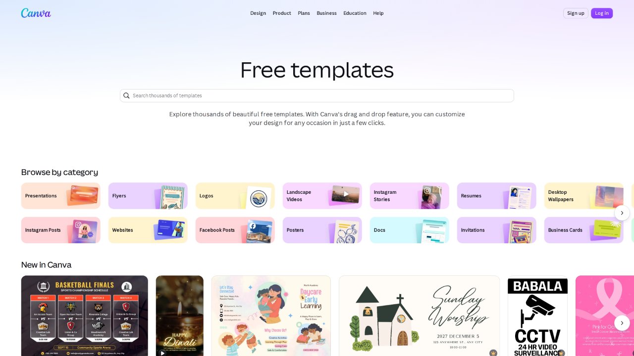 Screenshot of the Canva template library, browsable by purpose and style
