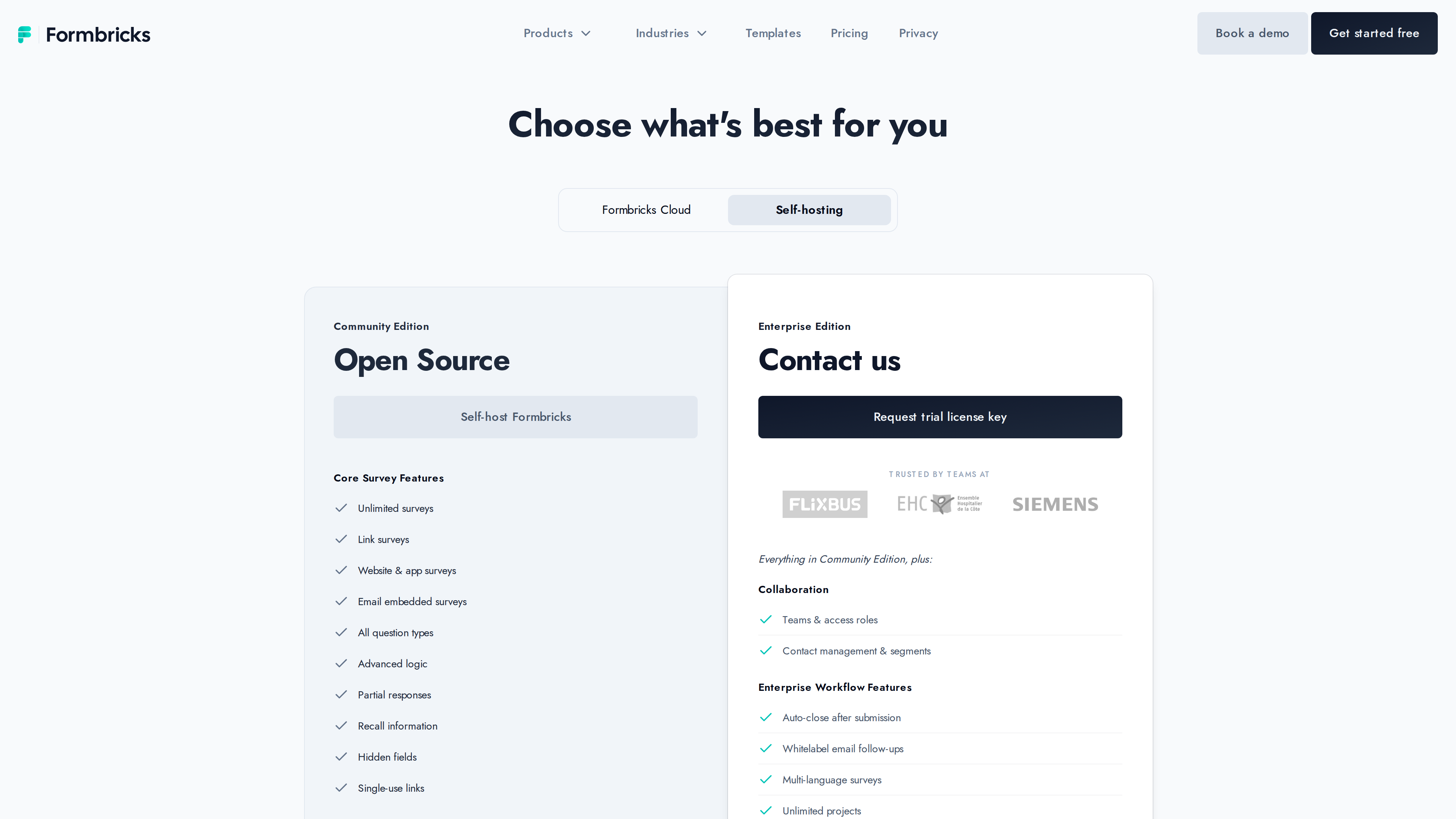 Screenshot of the pricing page's Self-hosting tab: Community Edition (Open Source) versus Enterprise Edition (Contact us) feature comparison