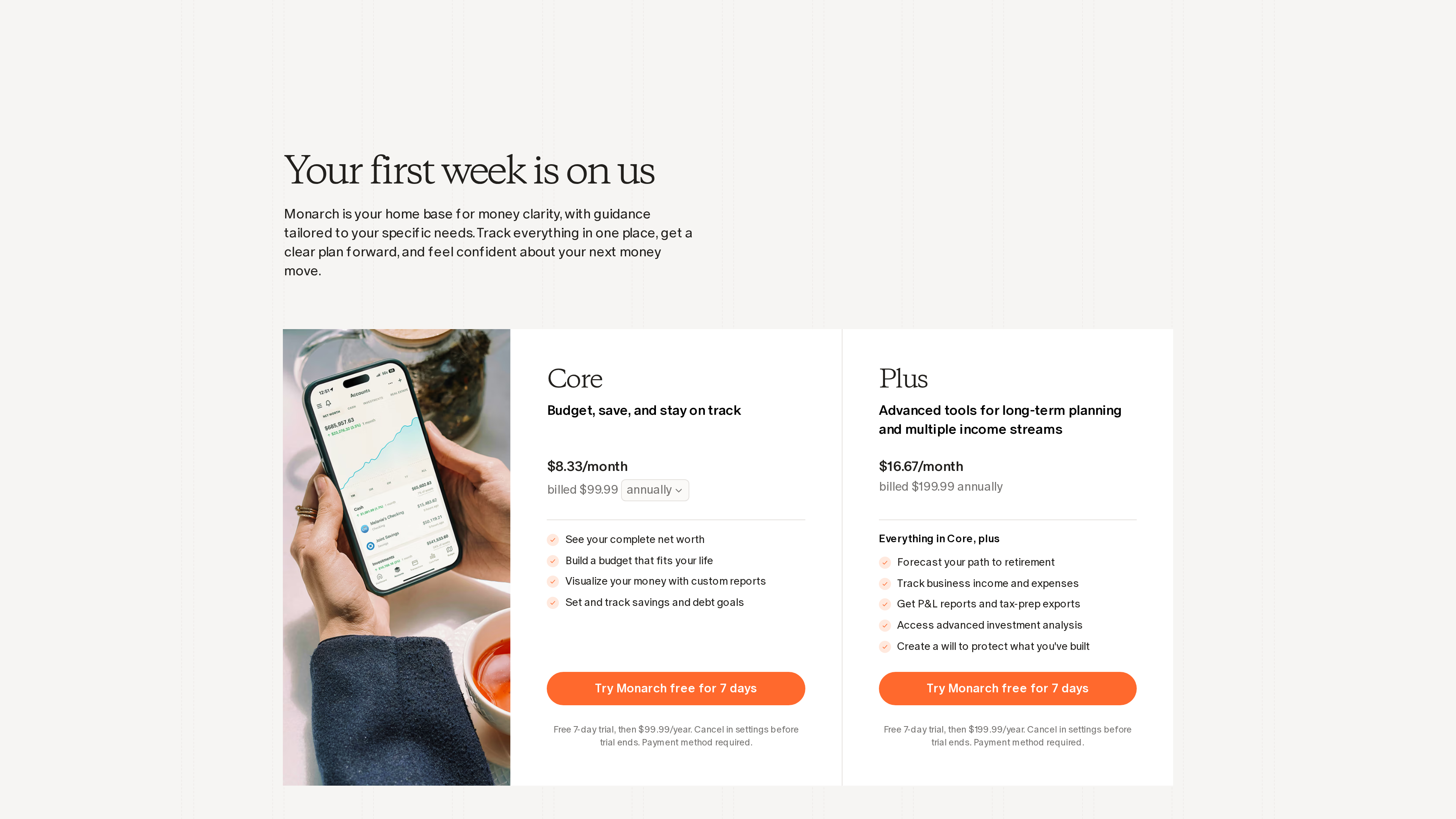 Monarch 定价页截图："Your first week is on us"，Core 年付折合 8.33 美元/月（billed $99.99 annually），Plus 年付折合 16.67 美元/月（billed $199.99 annually），7 天免费试用需支付方式