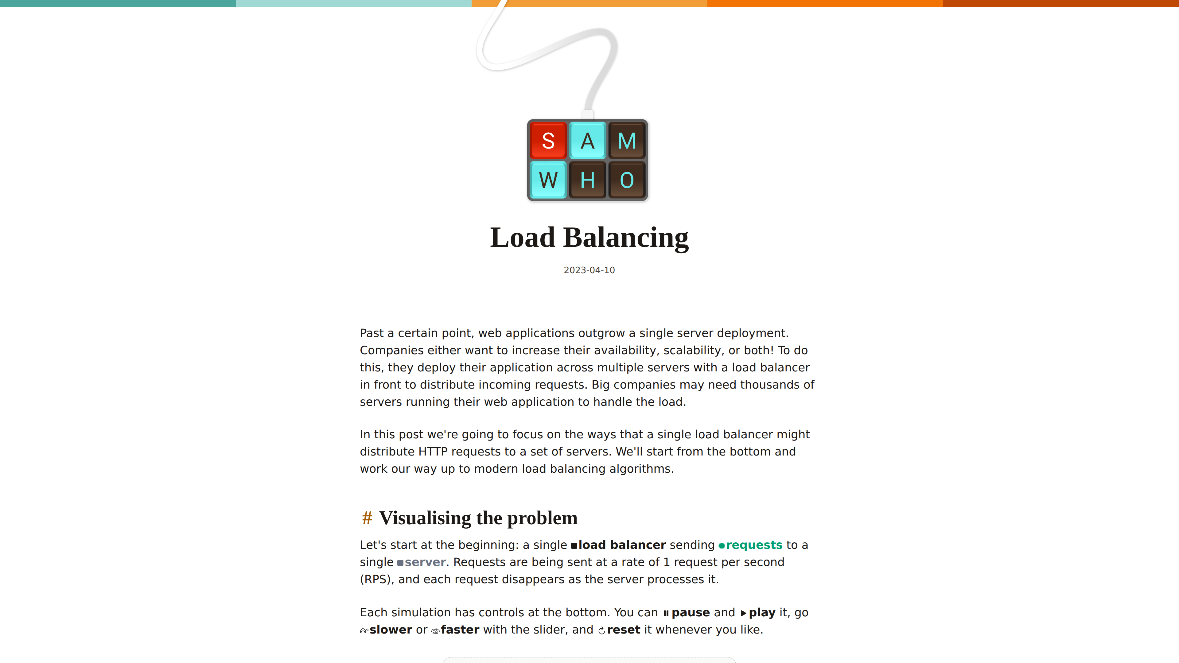 Screenshot of the "Load Balancing" essay on Sam Who: the text introduces the problem while an embedded simulation can be paused, accelerated and reset