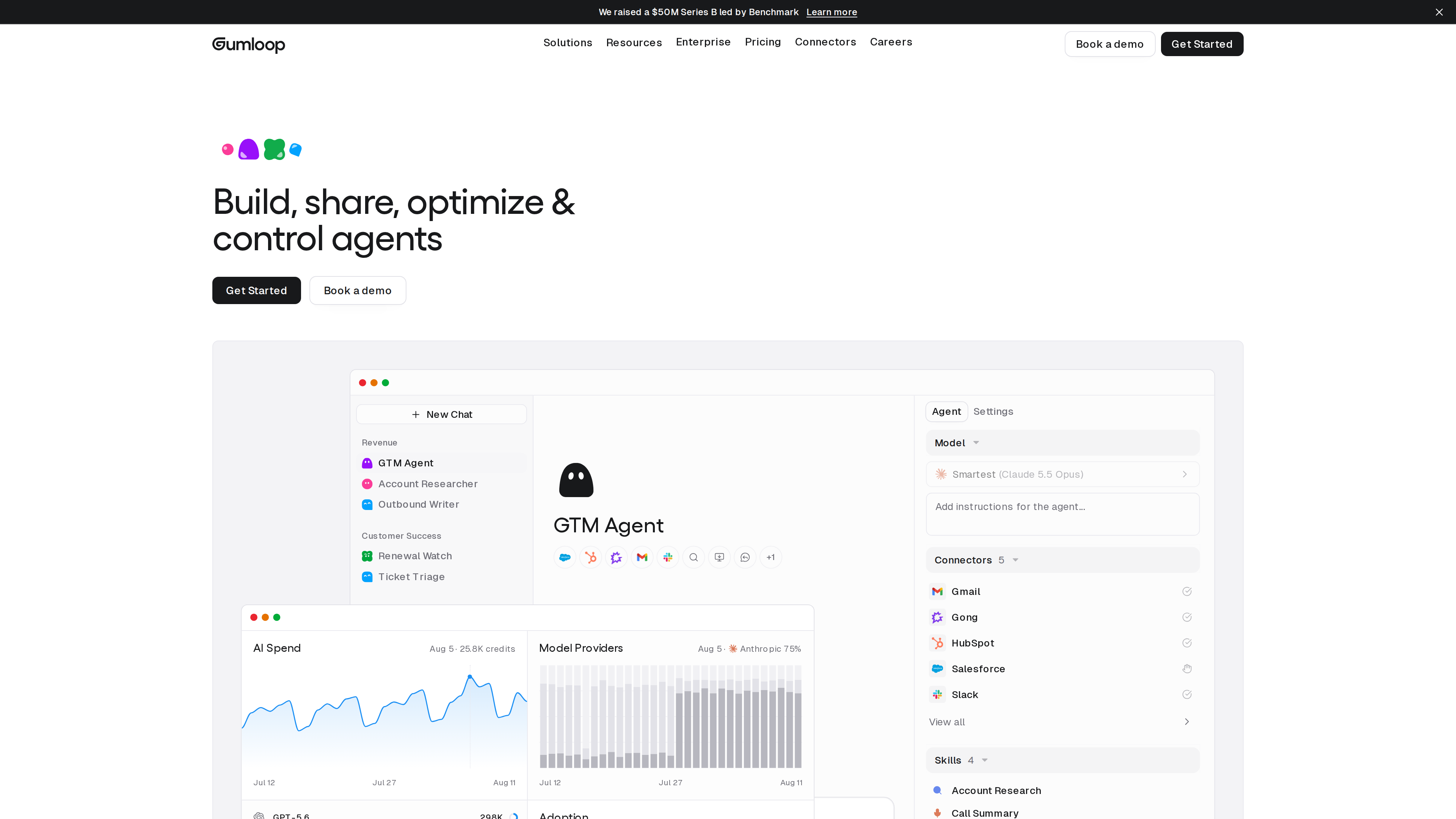 Gumloop homepage hero with the tagline "Build, share, optimize & control agents" above a product mockup of the agent list, model picker, and connector configuration