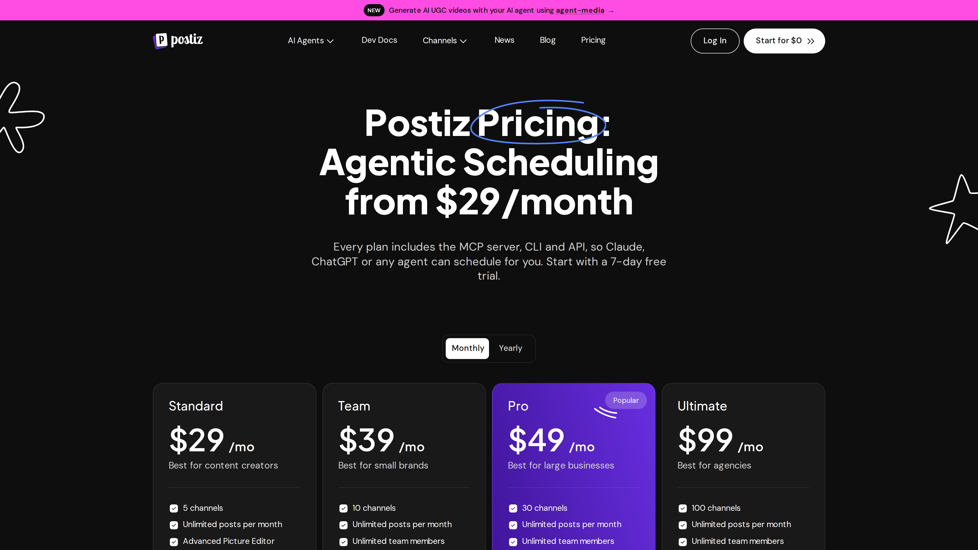 Screenshot of Postiz's pricing page showing four tiers — Standard <span class="katex"><span class="katex-mathml"><math xmlns="http://www.w3.org/1998/Math/MathML"><semantics><mrow><mn>29</mn><mo separator="true">,</mo><mi>T</mi><mi>e</mi><mi>a</mi><mi>m</mi></mrow><annotation encoding="application/x-tex">29, Team</annotation></semantics></math></span><span class="katex-html" aria-hidden="true"><span class="katex-base"><span class="katex-strut" style="height:0.8778em;vertical-align:-0.1944em;"></span><span class="mord">29</span><span class="mpunct">,</span><span class="mspace" style="margin-right:0.1667em;"></span><span class="mord mathnormal" style="margin-right:0.1389em;">T</span><span class="mord mathnormal">e</span><span class="mord mathnormal">am</span></span></span></span>39, Pro <span class="katex"><span class="katex-mathml"><math xmlns="http://www.w3.org/1998/Math/MathML"><semantics><mrow><mn>49</mn><mo separator="true">,</mo><mi>U</mi><mi>l</mi><mi>t</mi><mi>i</mi><mi>m</mi><mi>a</mi><mi>t</mi><mi>e</mi></mrow><annotation encoding="application/x-tex">49, Ultimate</annotation></semantics></math></span><span class="katex-html" aria-hidden="true"><span class="katex-base"><span class="katex-strut" style="height:0.8889em;vertical-align:-0.1944em;"></span><span class="mord">49</span><span class="mpunct">,</span><span class="mspace" style="margin-right:0.1667em;"></span><span class="mord mathnormal" style="margin-right:0.109em;">U</span><span class="mord mathnormal" style="margin-right:0.0197em;">l</span><span class="mord mathnormal">t</span><span class="mord mathnormal">ima</span><span class="mord mathnormal">t</span><span class="mord mathnormal">e</span></span></span></span>99 — with Pro marked Popular