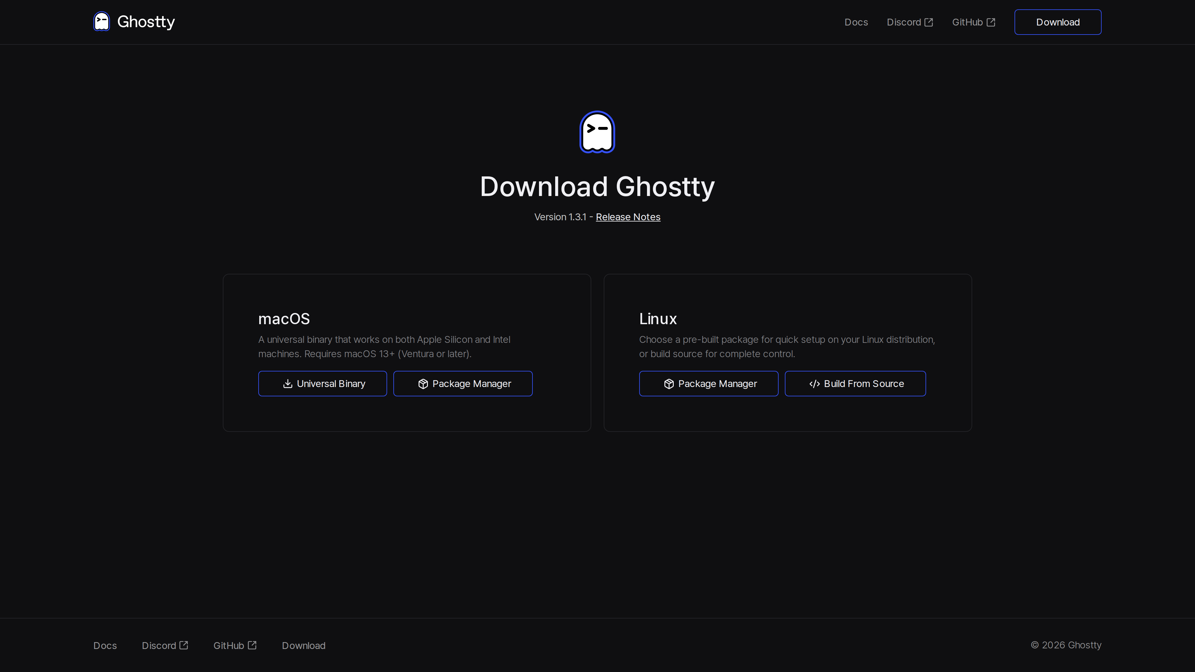 Ghostty download page showing version 1.3.1 and installation options for macOS and Linux