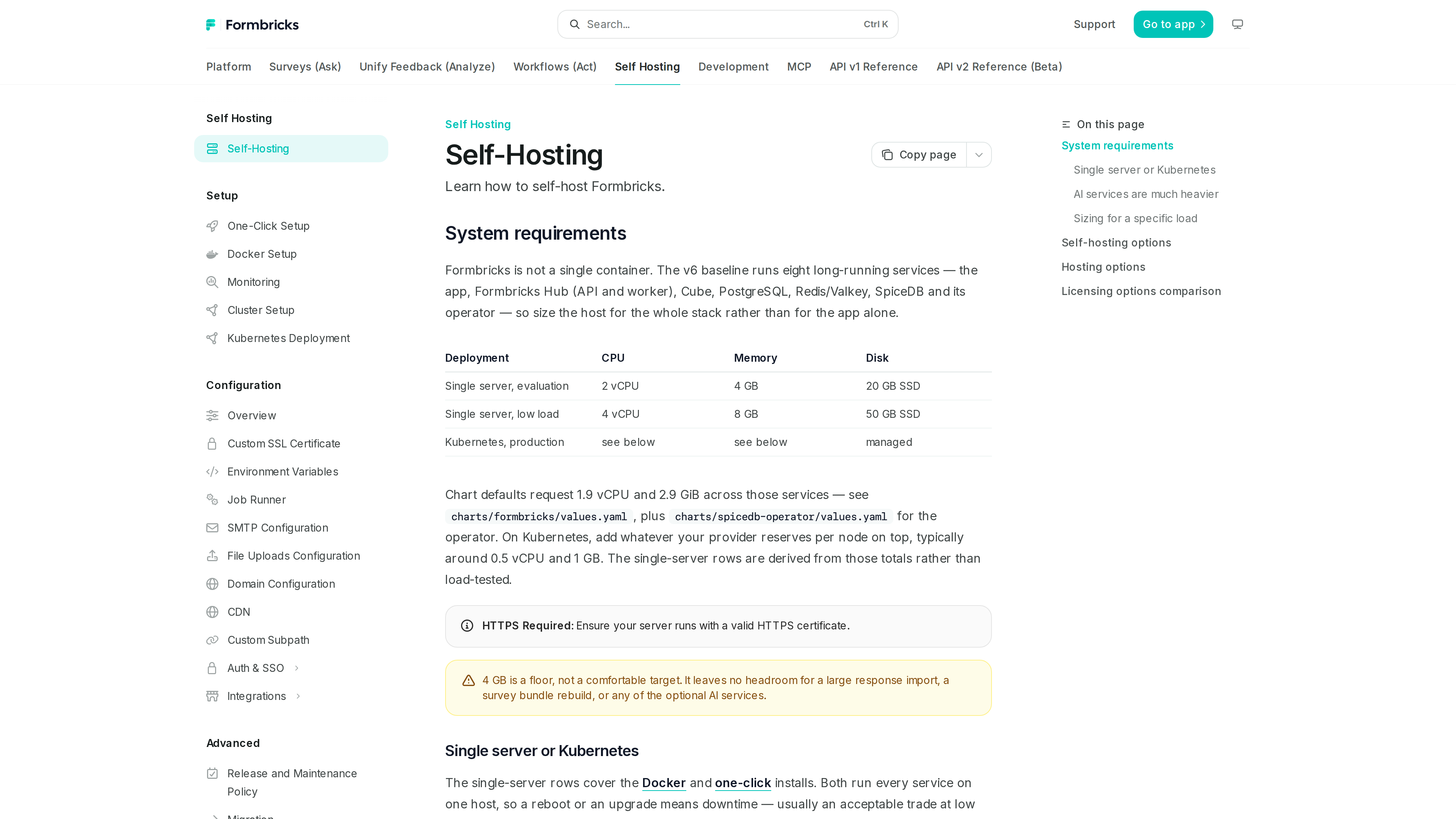 Screenshot of the Formbricks self-hosting documentation: the v6 system requirements table showing 2 vCPU/4 GB for evaluation and 4 vCPU/8 GB for low load, with an HTTPS-required notice