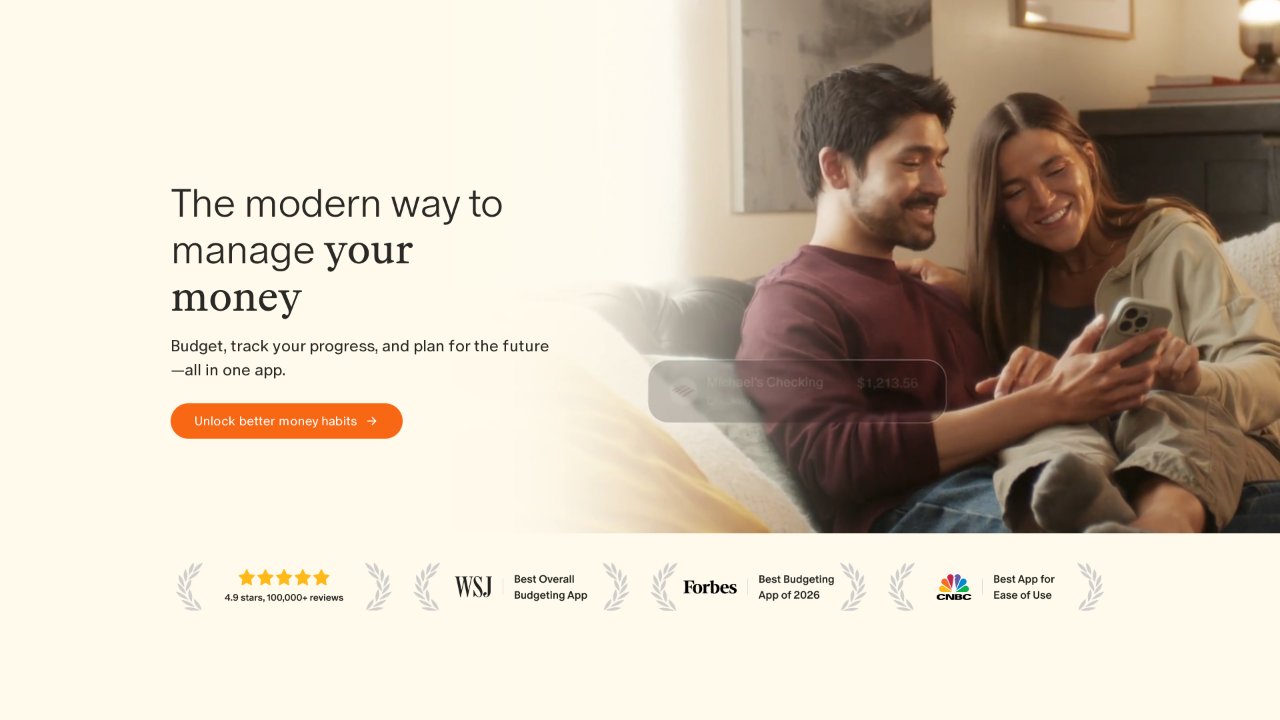 Monarch 官网首页截图：首屏标语 "The modern way to manage your money"，下方展示 4.9 星评分与华尔街日报、福布斯、CNBC 的年度预算应用奖项