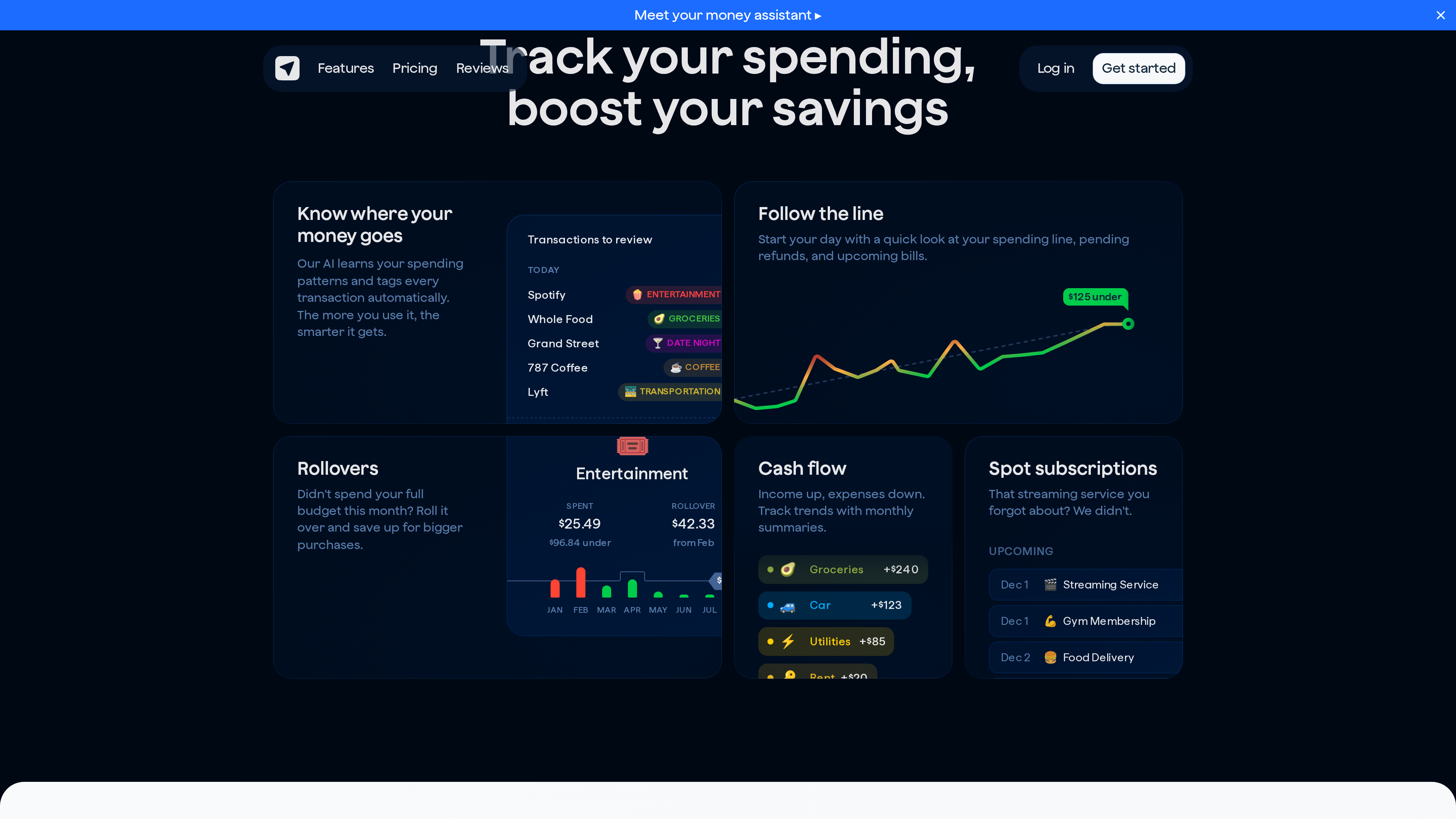 Screenshot of the Copilot Money features section: under "Track your spending, boost your savings," four demo cards show AI-categorized transactions, a spending line chart, a budget rollover chart and upcoming subscription charges