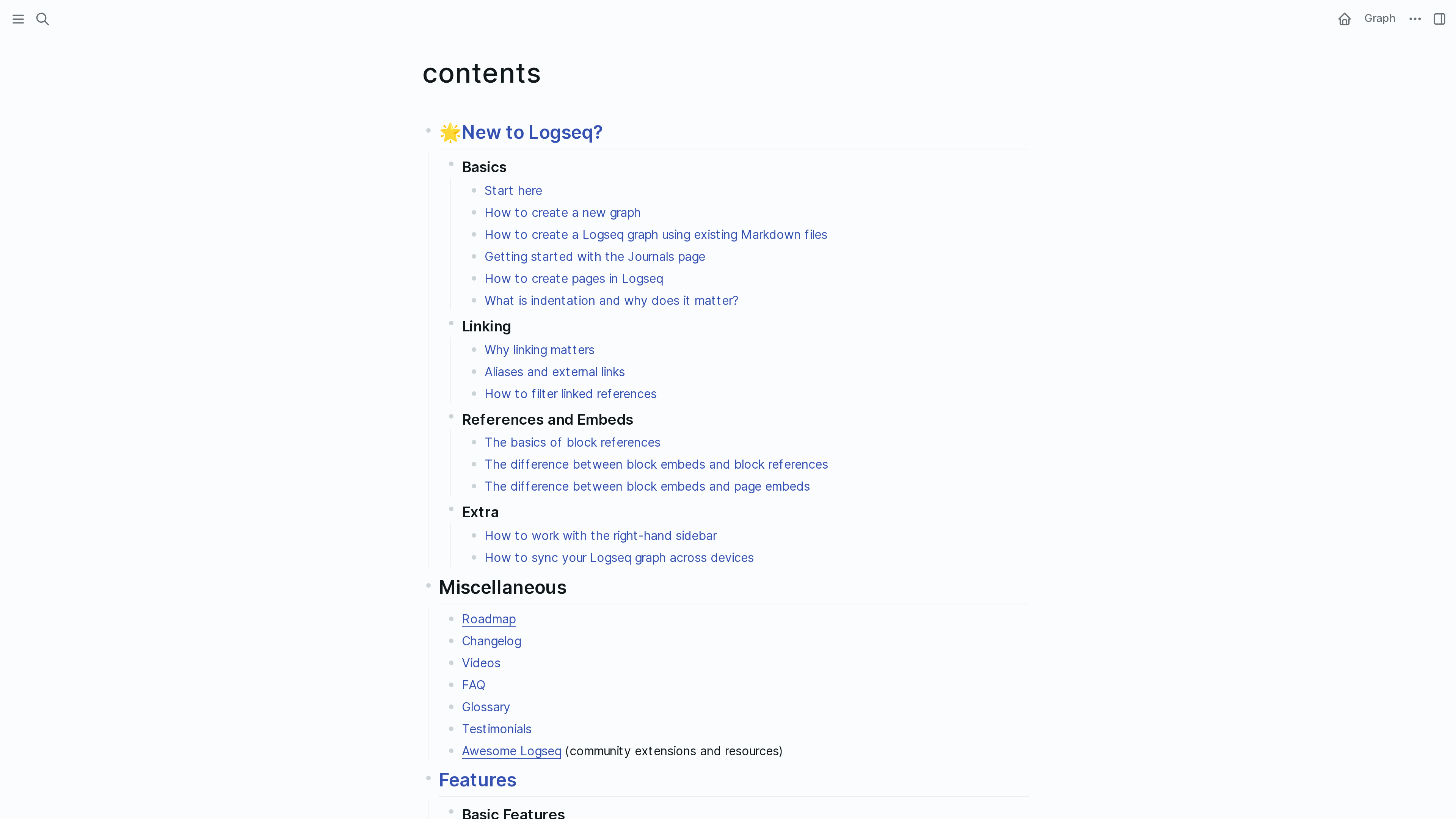 Screenshot of the Logseq documentation site, itself published with Logseq, showing a collapsible outline table of contents with sections like Basics, Linking, and References and Embeds