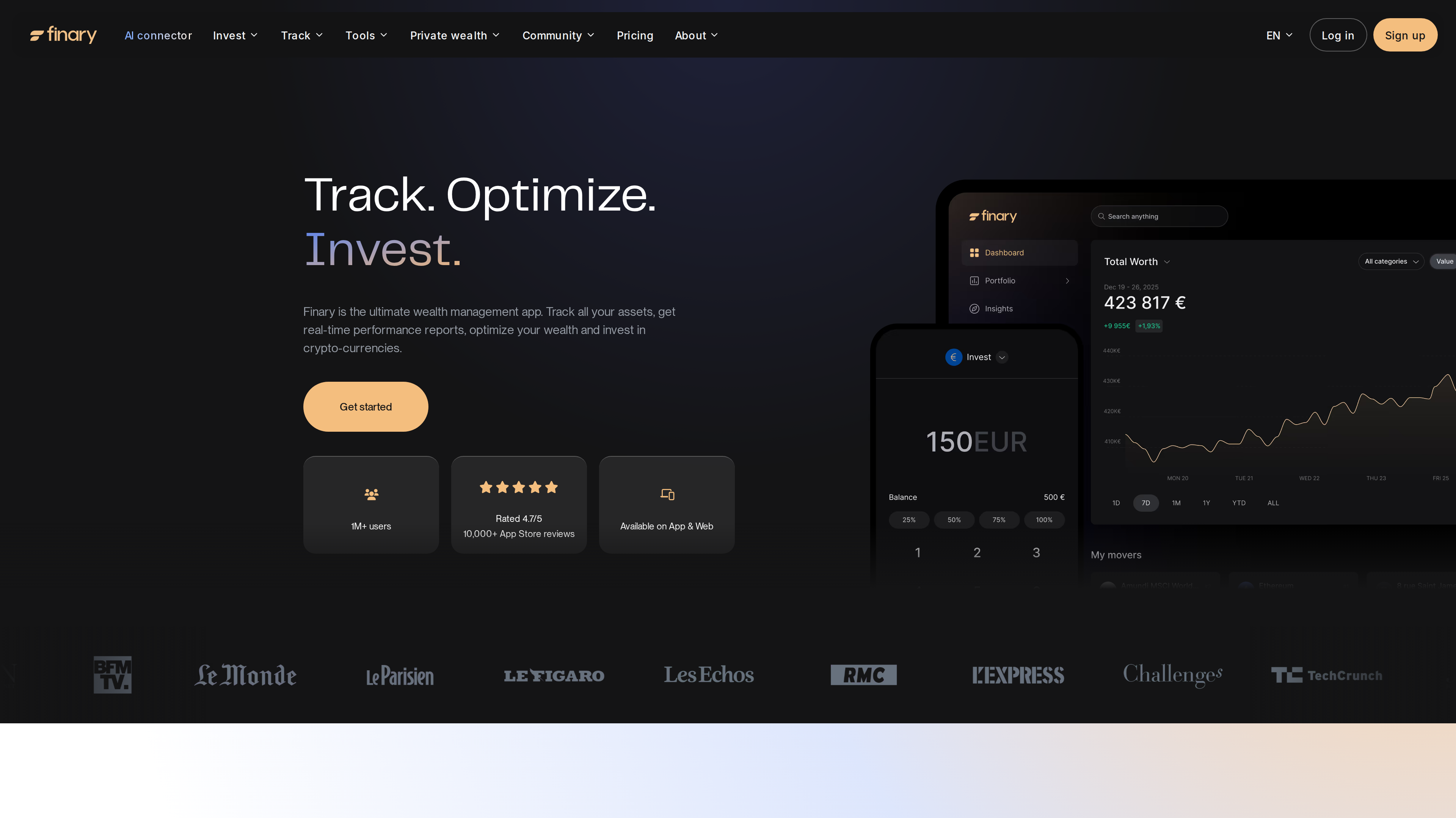Finary 英文官网首页截图:深色首屏上"Track. Optimize. Invest."标语与产品仪表盘演示,下方标注 1M+ users、4.7/5 评分与 Le Monde、Les Echos、TechCrunch 等媒体报道