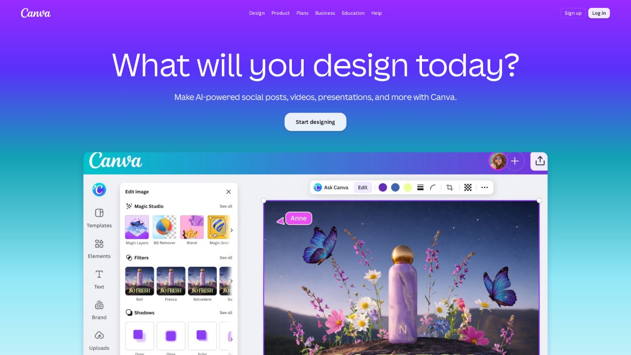 Screenshot of the Canva homepage: design-type entry points and template recommendations