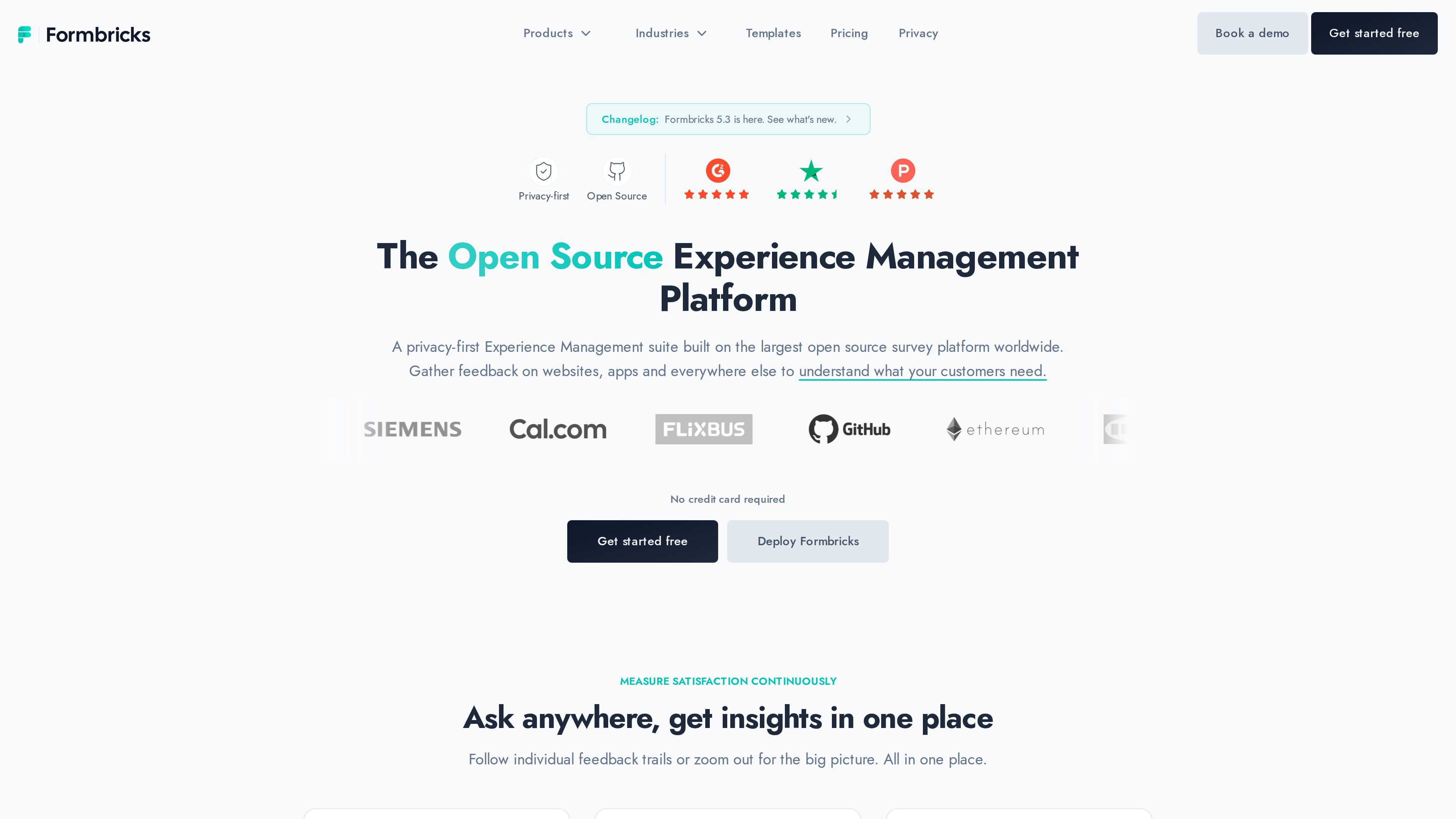 Screenshot of the Formbricks homepage: hero headline "The Open Source Experience Management Platform" with customer logos including Siemens, Cal.com, and GitHub below