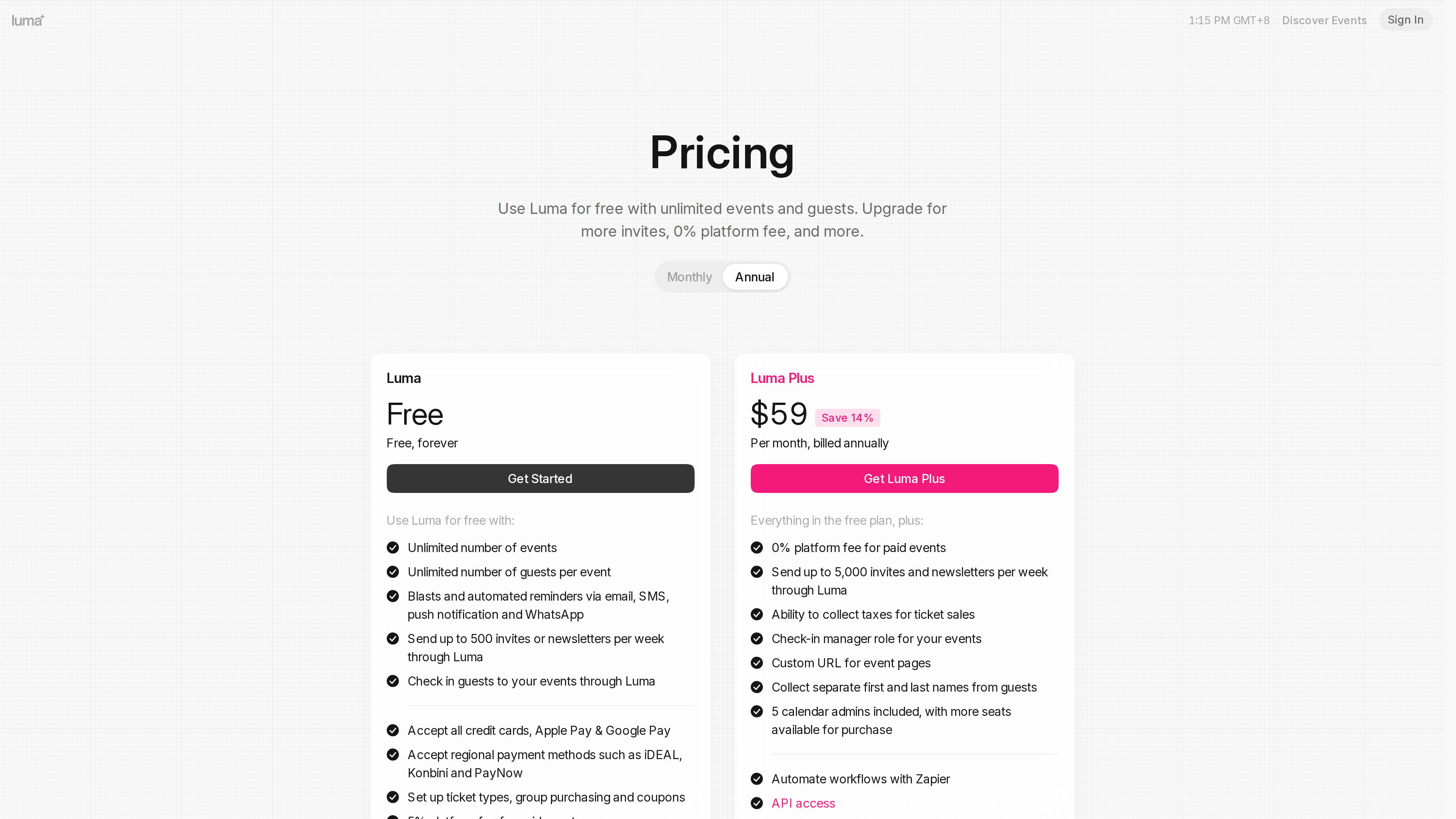 Screenshot of the Luma pricing page with annual billing selected: Luma Free at $0 and Luma Plus at $59 per month, with a feature-by-feature comparison