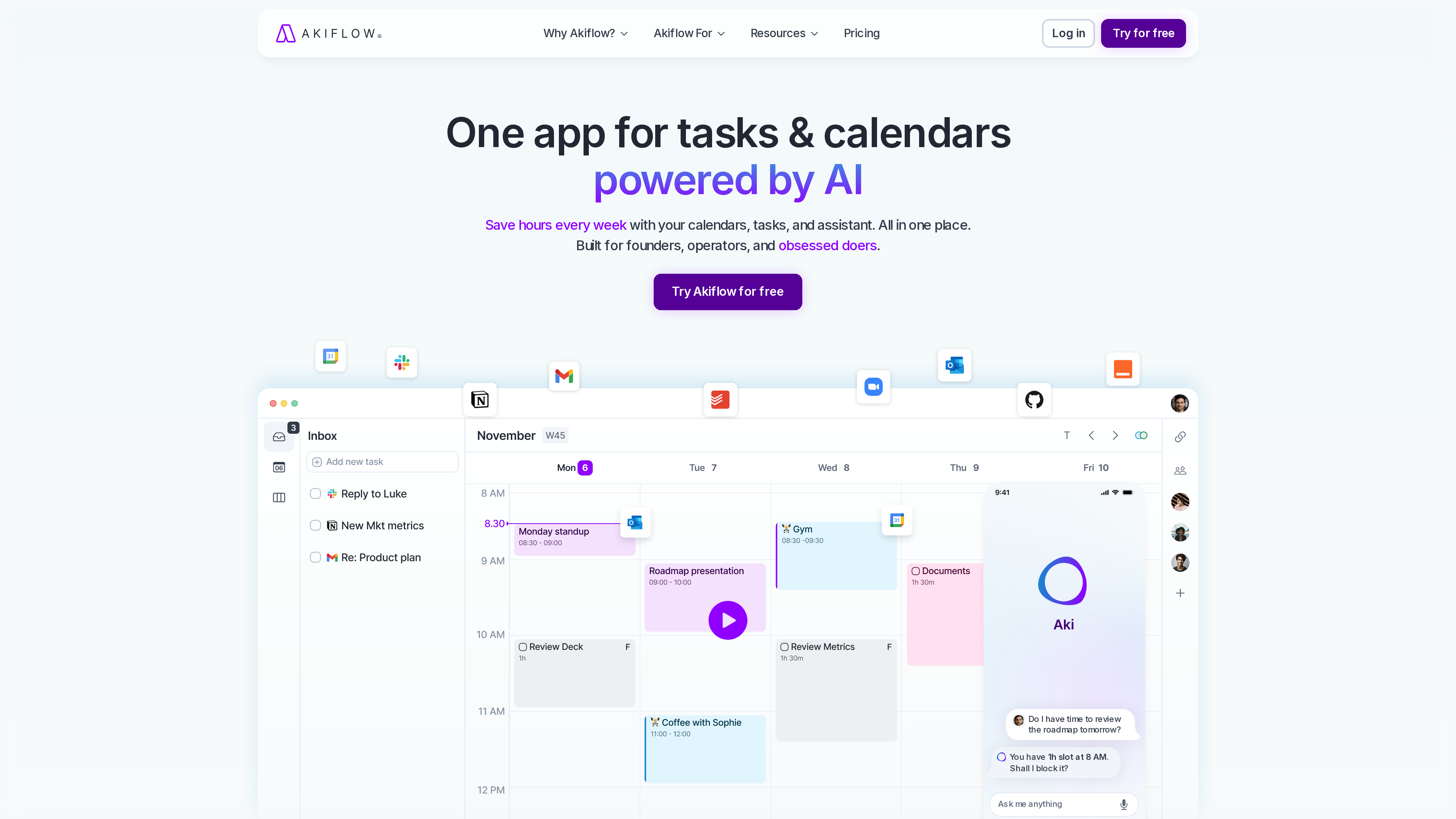 Akiflow 官网首页截图:首屏标语 "One app for tasks & calendars powered by AI",下方演示周视图日历、任务收件箱与 Aki 助手对话