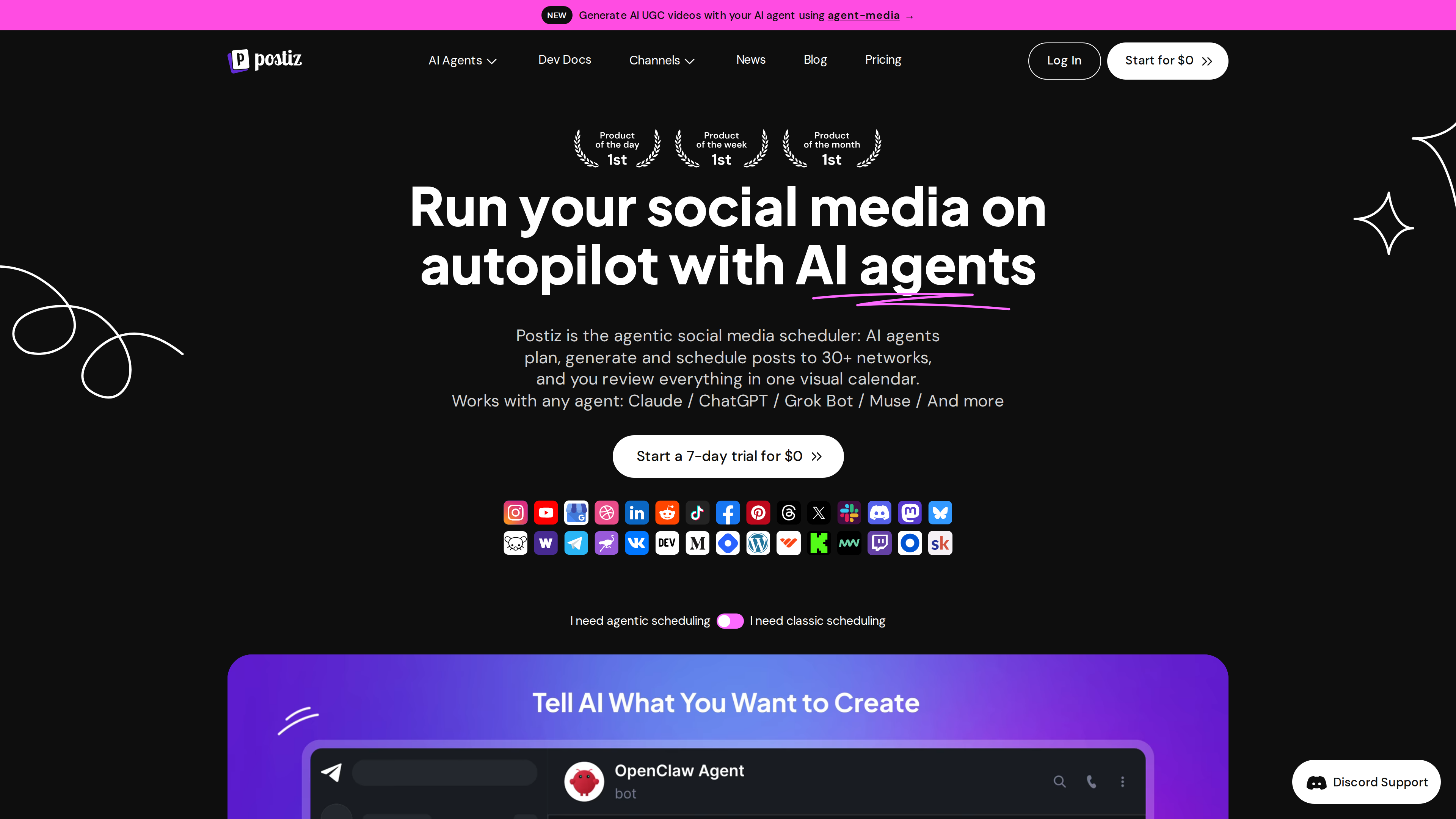 Screenshot of Postiz's homepage: the hero headline "Run your social media on autopilot with AI agents" above rows of icons for the 30+ supported channels