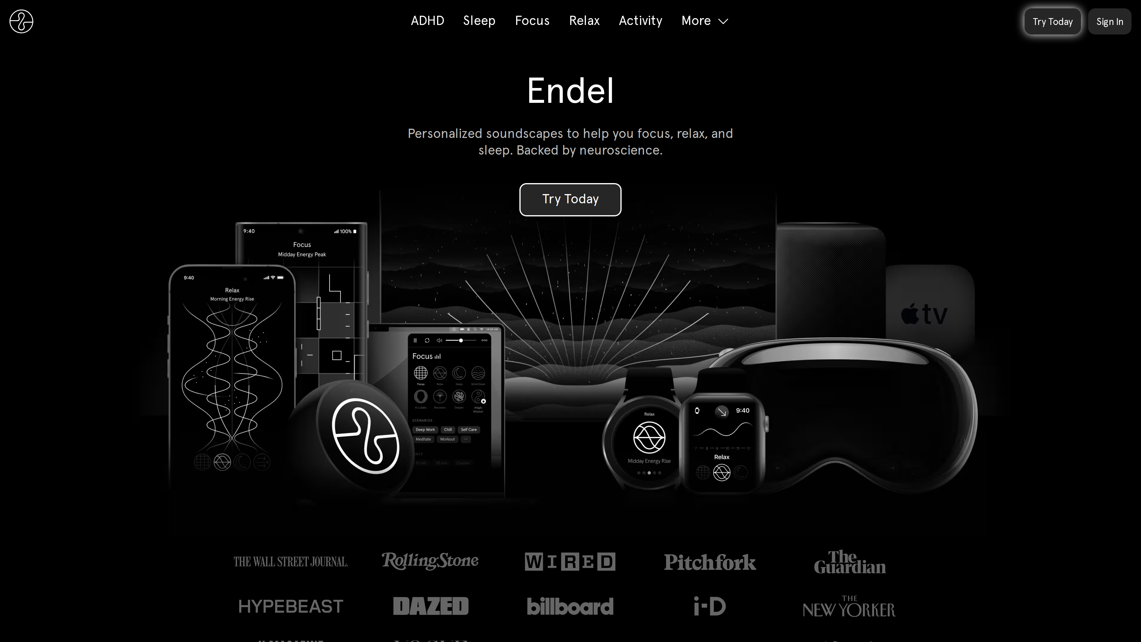 Screenshot of the Endel homepage: a dark hero showing a device lineup — iPhone, Apple Watch, smart speaker, Apple TV and a headset — above a press wall with The Wall Street Journal, Rolling Stone, WIRED, Pitchfork and more