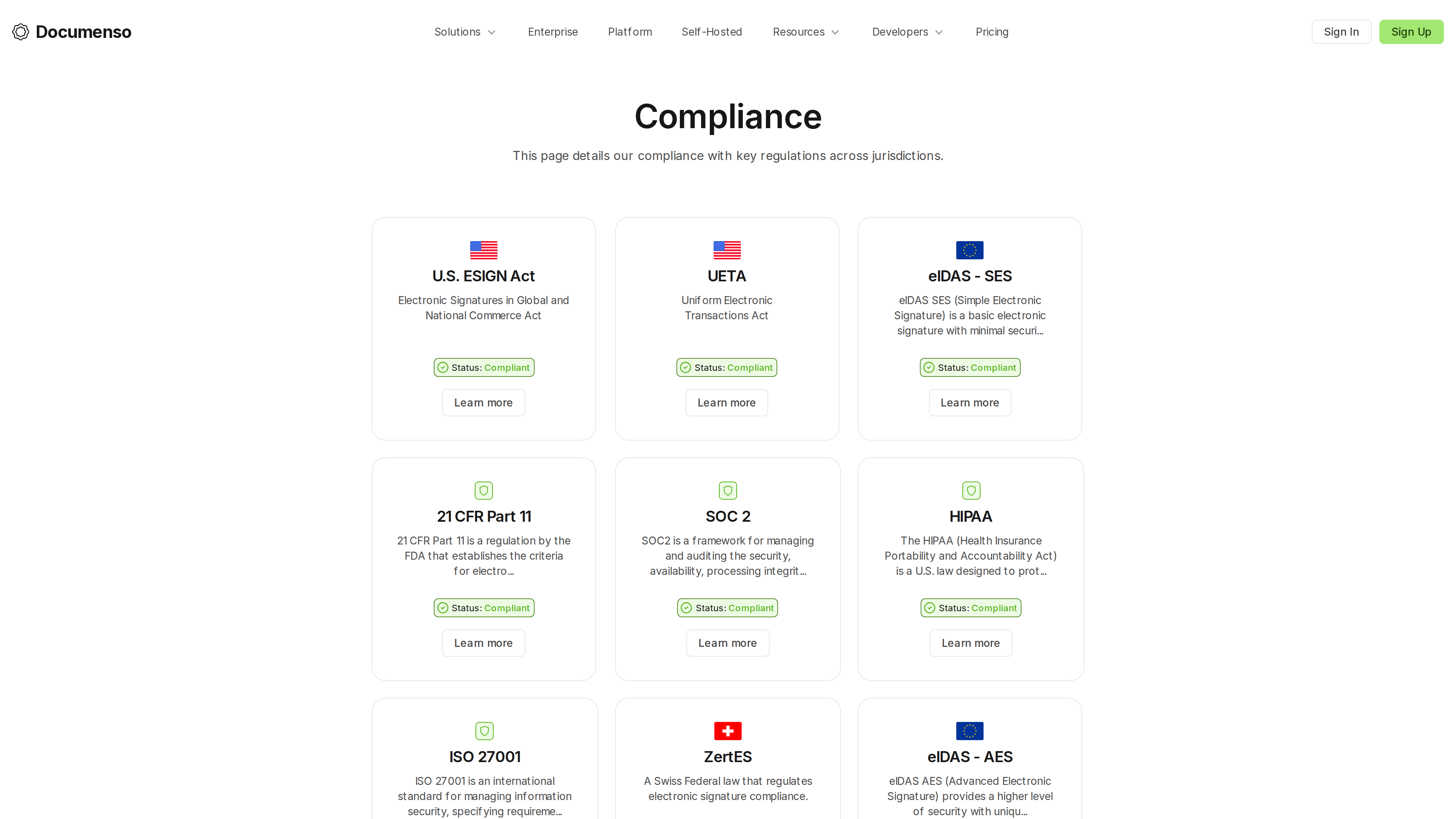 Screenshot of Documenso's compliance page: ESIGN Act, UETA, eIDAS-SES, 21 CFR Part 11, SOC 2 and HIPAA all marked Status: Compliant