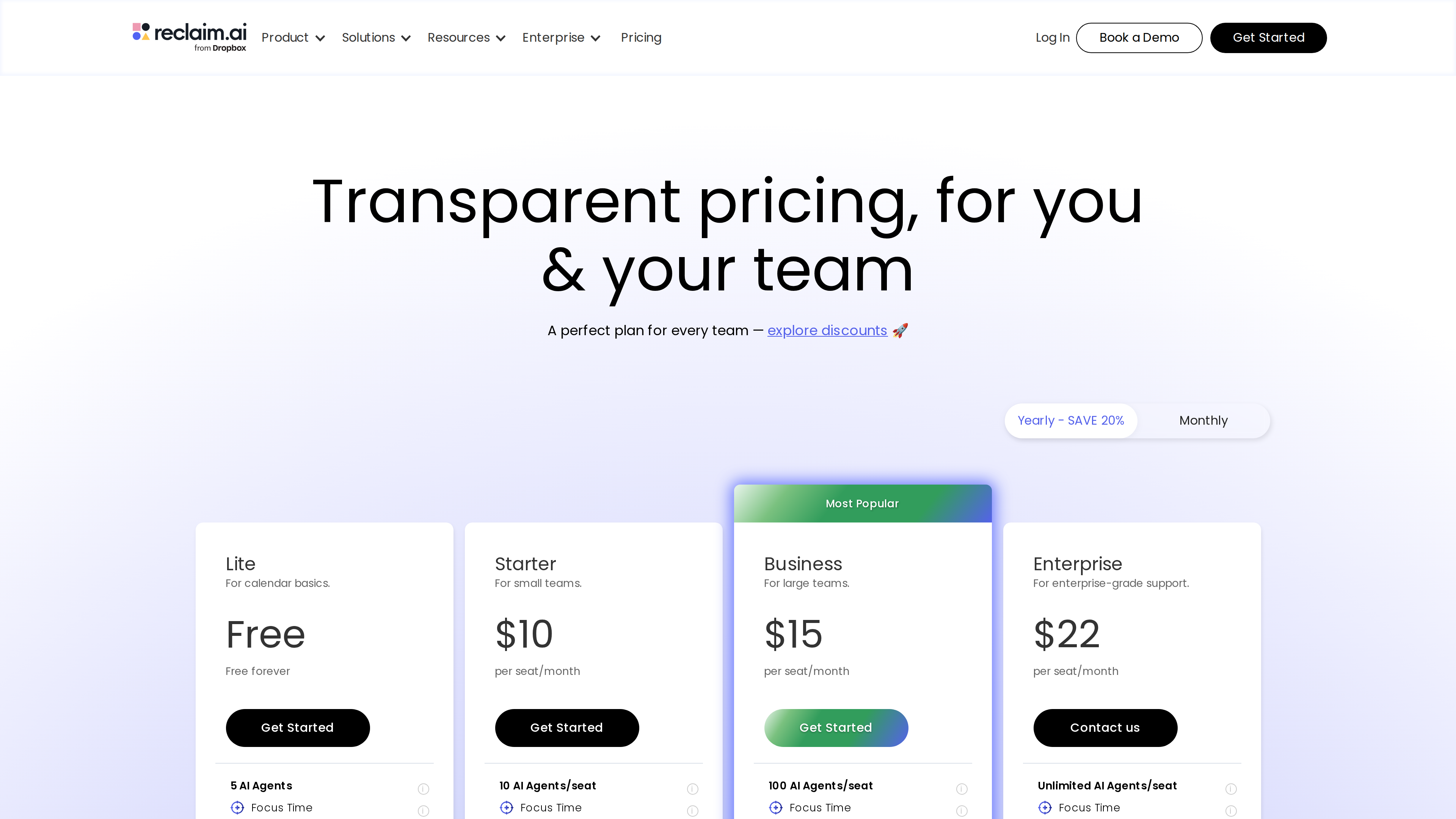 Screenshot of the Reclaim pricing page: four cards side by side — Lite (Free), Starter (<span class="katex"><span class="katex-mathml"><math xmlns="http://www.w3.org/1998/Math/MathML"><semantics><mrow><mn>10</mn><mo stretchy="false">)</mo><mo separator="true">,</mo><mi>B</mi><mi>u</mi><mi>s</mi><mi>i</mi><mi>n</mi><mi>e</mi><mi>s</mi><mi>s</mi><mo stretchy="false">(</mo></mrow><annotation encoding="application/x-tex">10), Business (</annotation></semantics></math></span><span class="katex-html" aria-hidden="true"><span class="katex-base"><span class="katex-strut" style="height:1em;vertical-align:-0.25em;"></span><span class="mord">10</span><span class="mclose">)</span><span class="mpunct">,</span><span class="mspace" style="margin-right:0.1667em;"></span><span class="mord mathnormal" style="margin-right:0.0502em;">B</span><span class="mord mathnormal">u</span><span class="mord mathnormal">s</span><span class="mord mathnormal">in</span><span class="mord mathnormal">ess</span><span class="mopen">(</span></span></span></span>15) and Enterprise ($22) per seat per month at yearly billing